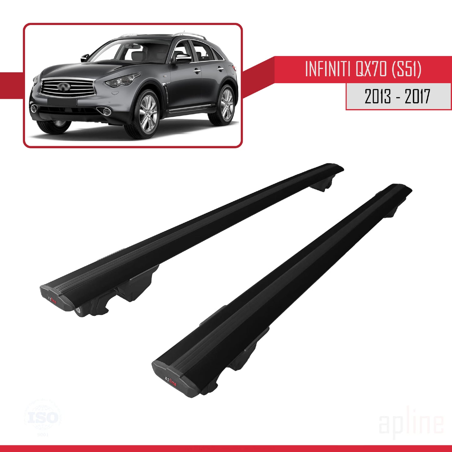 Compatible with Infiniti QX70 (S51) 2013-2017 HOOK Model Car Roof Rack Cross Bar Black Aluminium 2 Bars