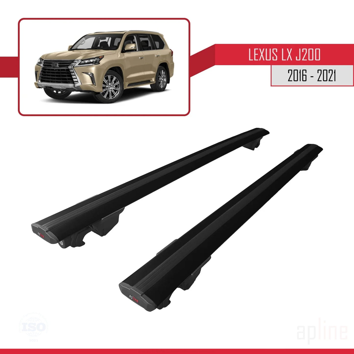 Compatible with Lexus LX 3 (J200) 2016-2021 HOOK Model Car Roof Rack Cross Bar Black Aluminium 2 Bars