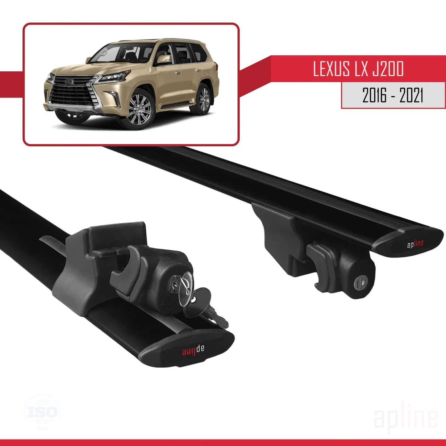 Compatible with Lexus LX 3 (J200) 2016-2021 HOOK Model Car Roof Rack Cross Bar Black Aluminium 2 Bars