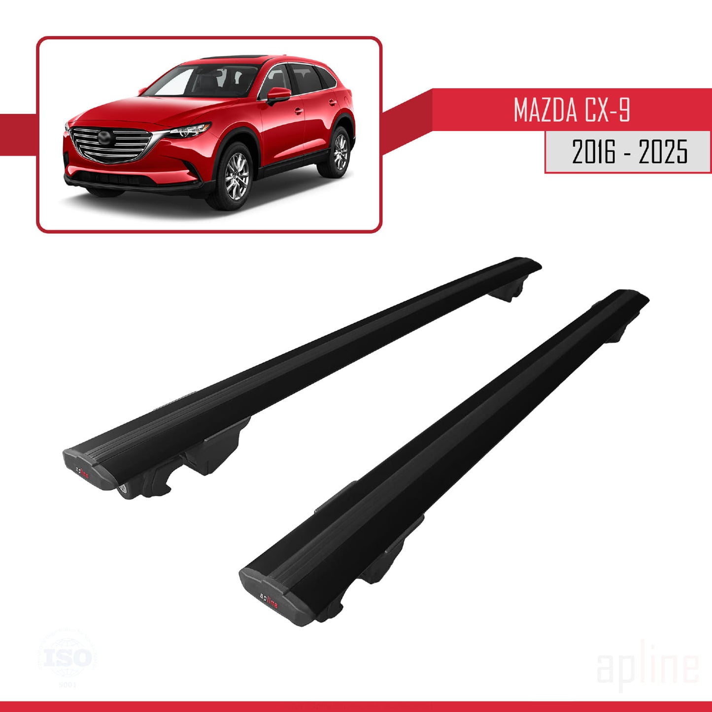 Compatible with Mazda CX-9 II (TC) 2016-2025 HOOK Model Car Roof Rack Cross Bar Black Aluminium 2 Bars