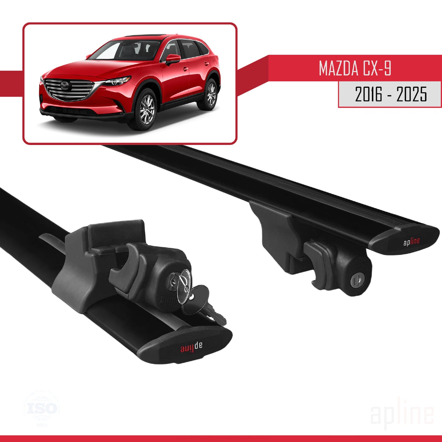 Compatible with Mazda CX-9 II (TC) 2016-2025 HOOK Model Car Roof Rack Cross Bar Black Aluminium 2 Bars