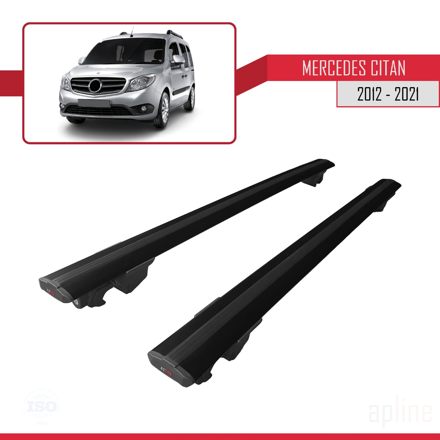 Compatible with Mercedes Citan (W415) 2012-2021 HOOK Model Car Roof Rack Cross Bar Black Aluminium 2 Bars