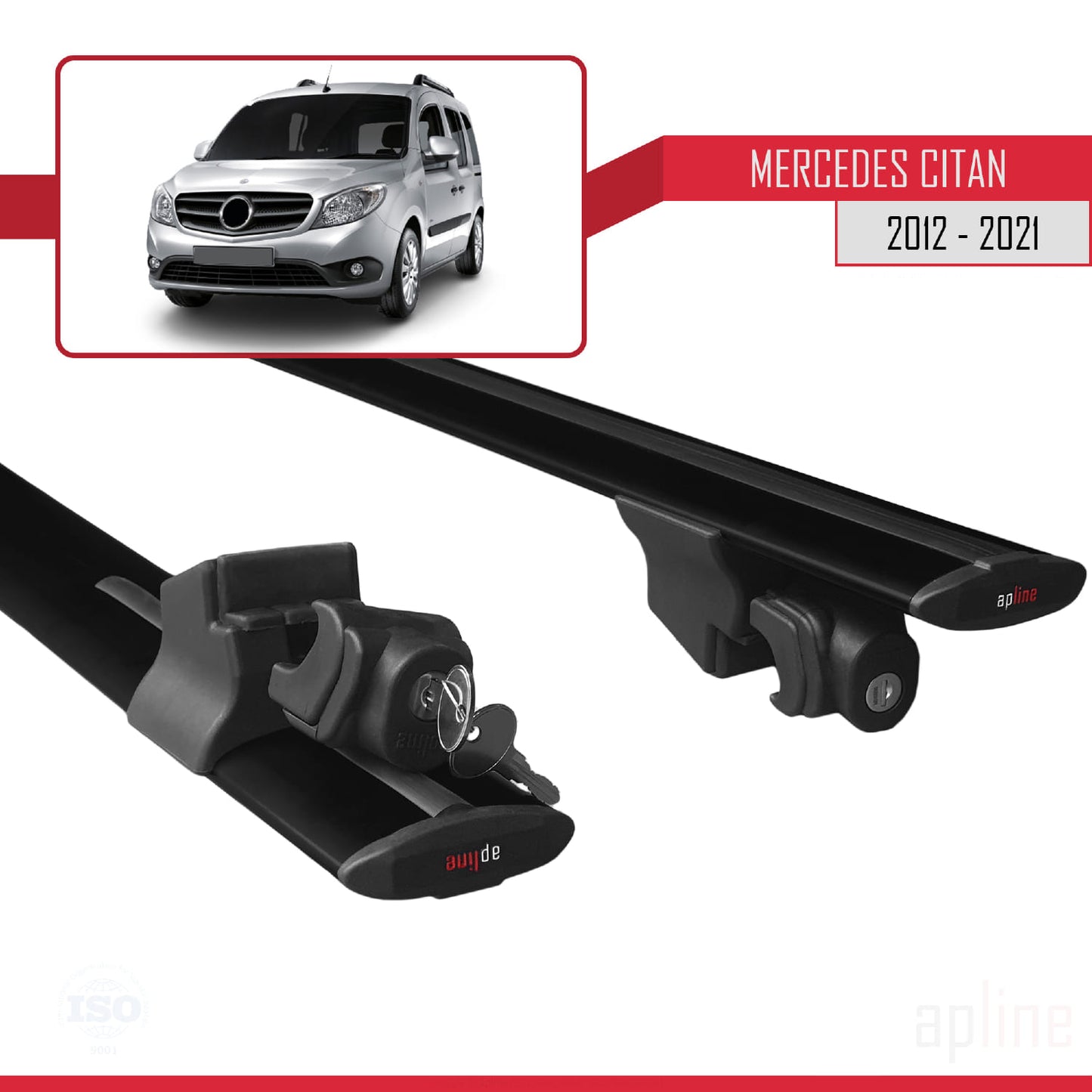 Compatible with Mercedes Citan (W415) 2012-2021 HOOK Model Car Roof Rack Cross Bar Black Aluminium 2 Bars