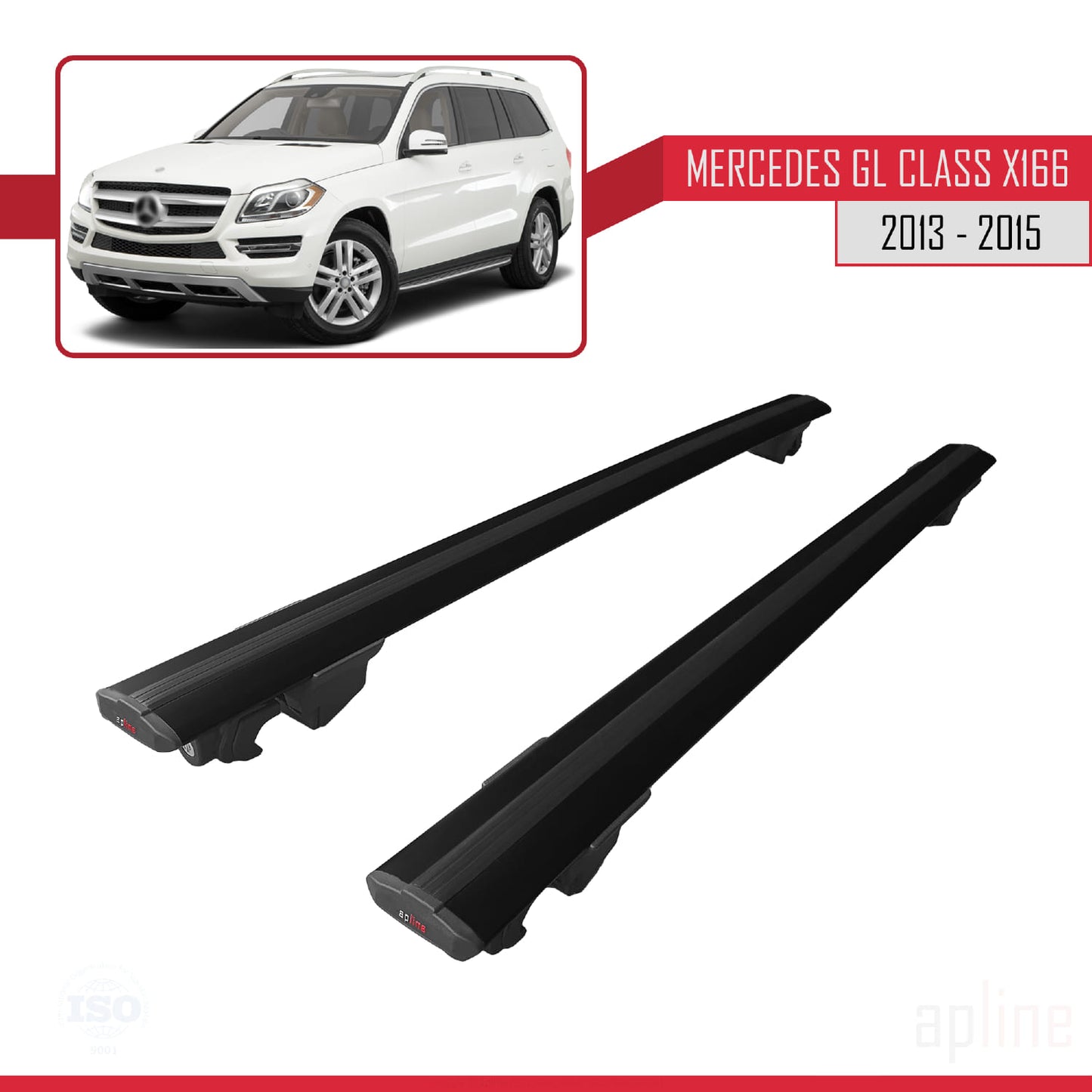 Compatible with Mercedes GL Class 2 (X166) 2013-2015 HOOK Model Car Roof Rack Cross Bar Black Aluminium 2 Bars