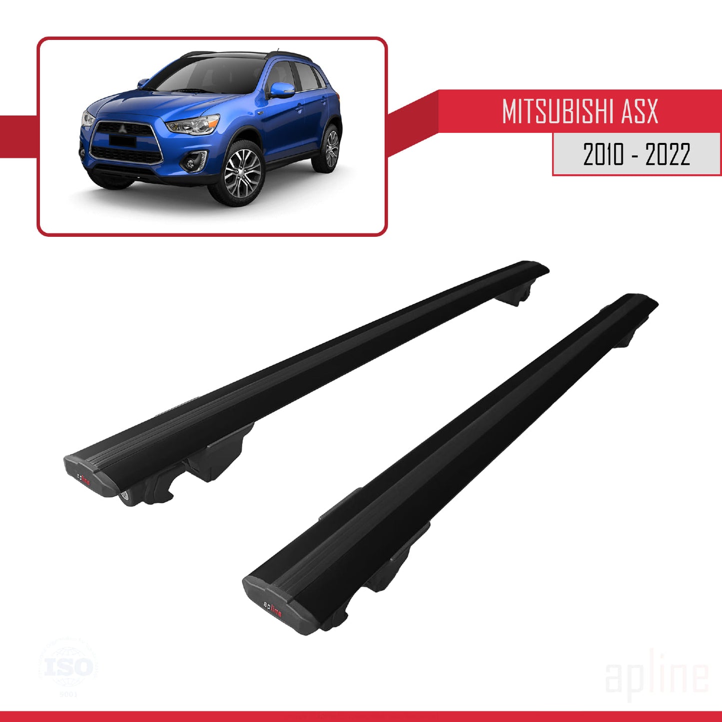 Compatible with Mitsubishi ASX (GA) 2010-2022 HOOK Model Car Roof Rack Cross Bar Black Aluminium 2 Bars