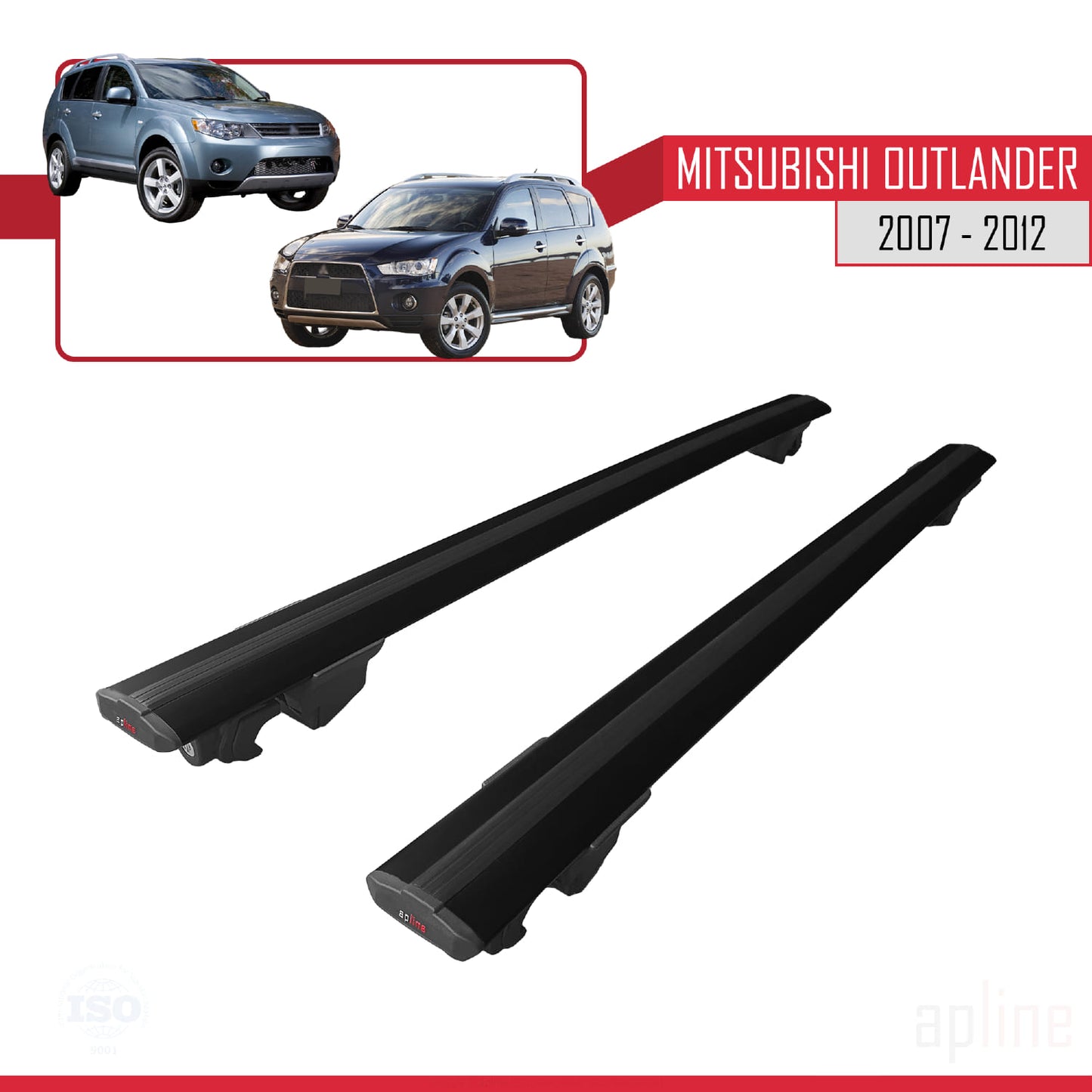 Compatible with Mitsubishi Outlander 2 2007-2012 HOOK Model Car Roof Rack Cross Bar Black Aluminium 2 Bars