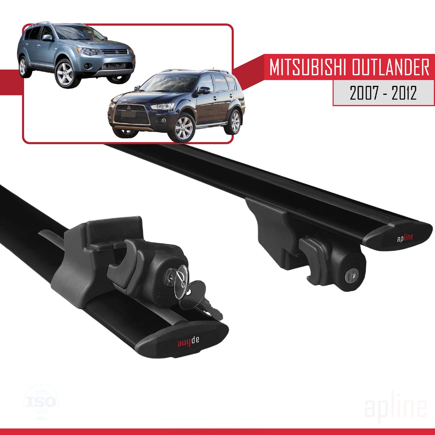 Compatible with Mitsubishi Outlander 2 2007-2012 HOOK Model Car Roof Rack Cross Bar Black Aluminium 2 Bars