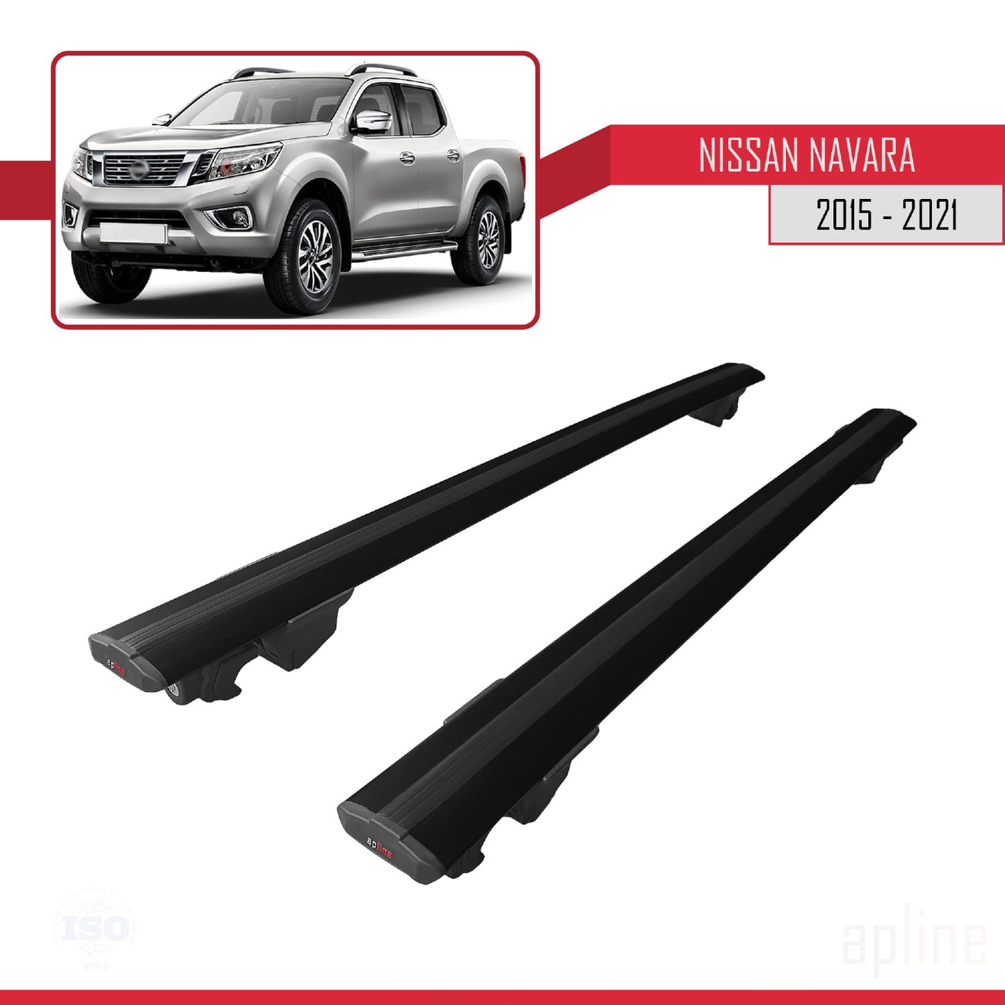 Compatible with Nissan Navara 4 (D23) 2015-2021 HOOK Model Car Roof Rack Cross Bar Black Aluminium 2 Bars