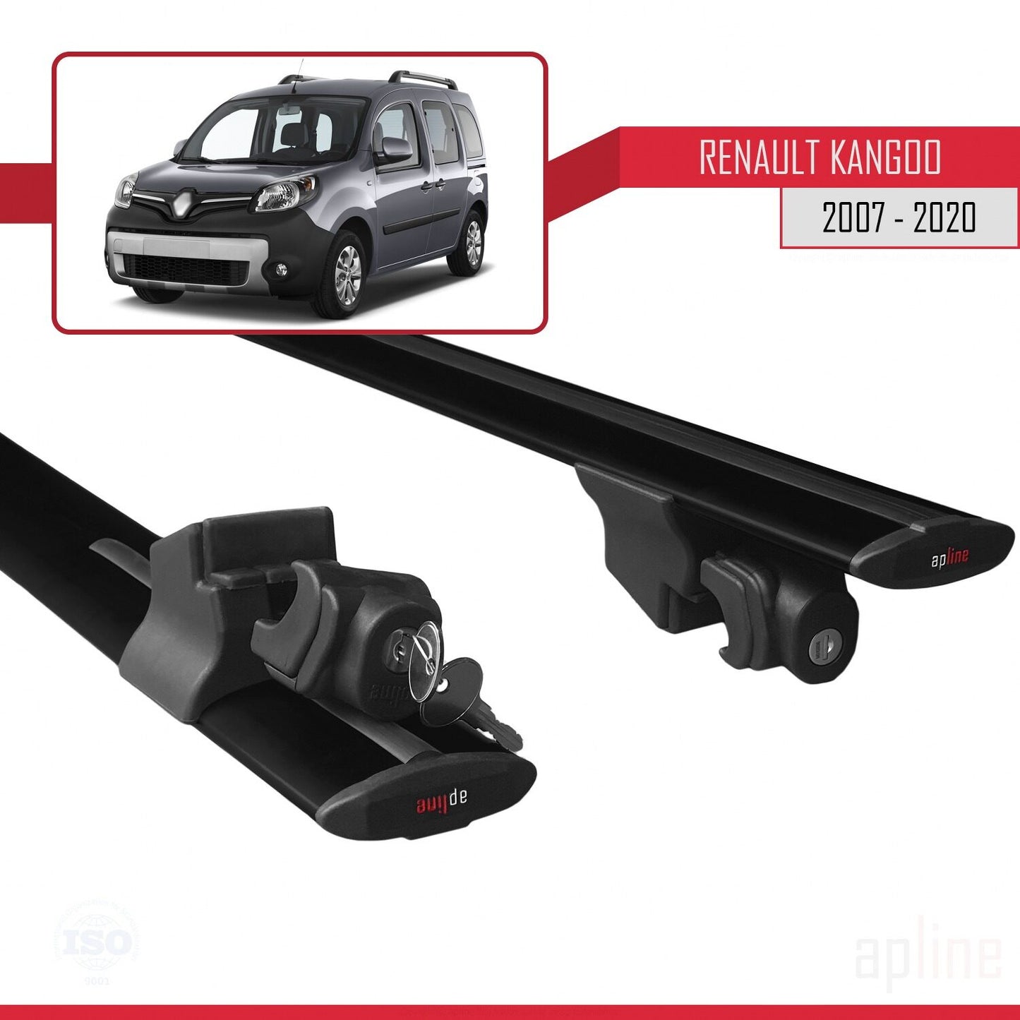 Compatible with Renault Kangoo 2 (X61) 2007-2020 HOOK Model Car Roof Rack Cross Bar Black Aluminium 2 Bars