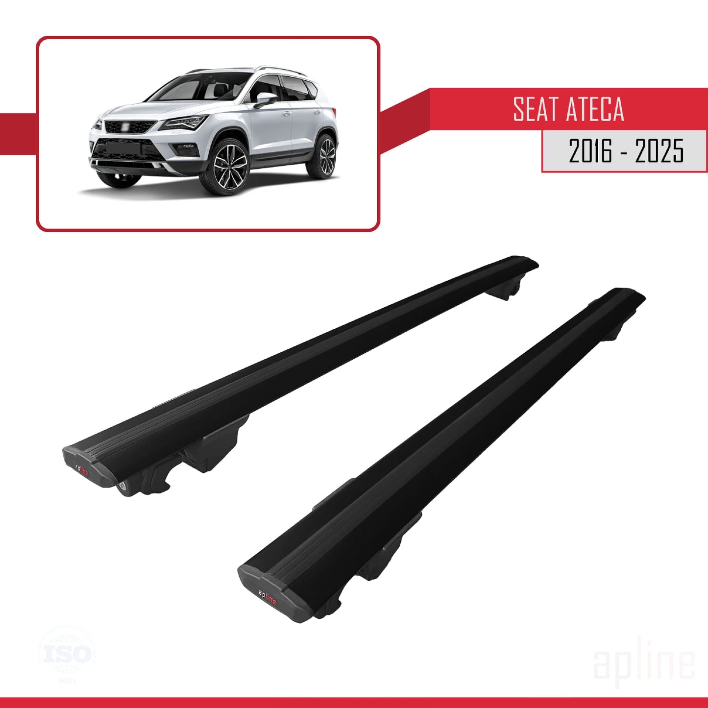 Compatible with Seat Ateca (KH7) 2016-2025 HOOK Model Car Roof Rack Cross Bar Black Aluminium 2 Bars