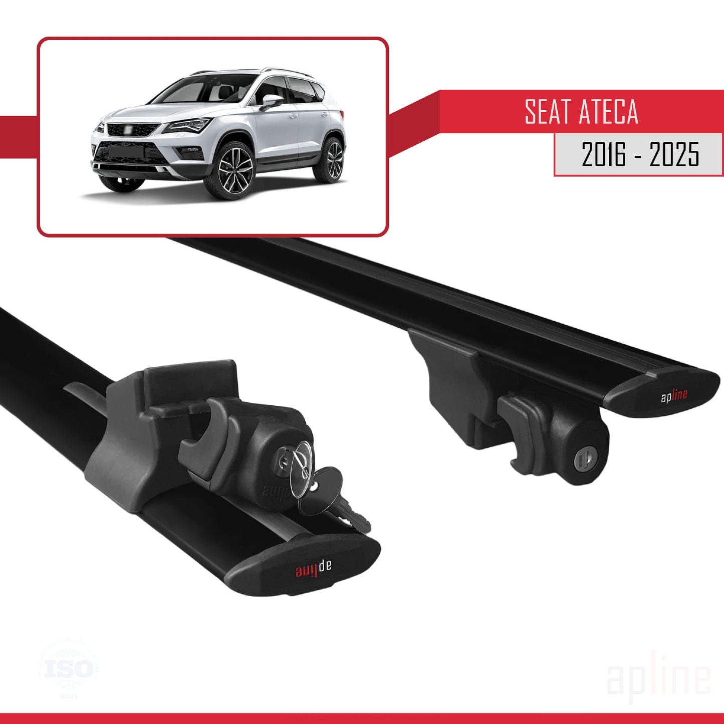 Compatible with Seat Ateca (KH7) 2016-2025 HOOK Model Car Roof Rack Cross Bar Black Aluminium 2 Bars