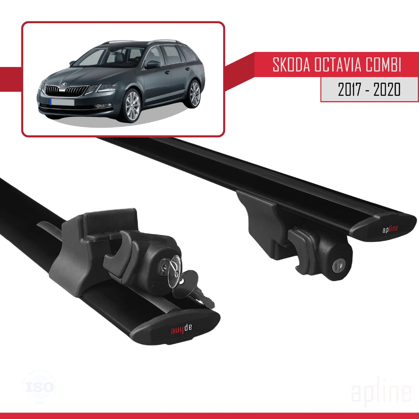 Compatible with Skoda Octavia 3 (5E) SW Post-Facelift 2017-2020 HOOK Model Car Roof Rack Cross Bar Black Aluminium 2 Bars
