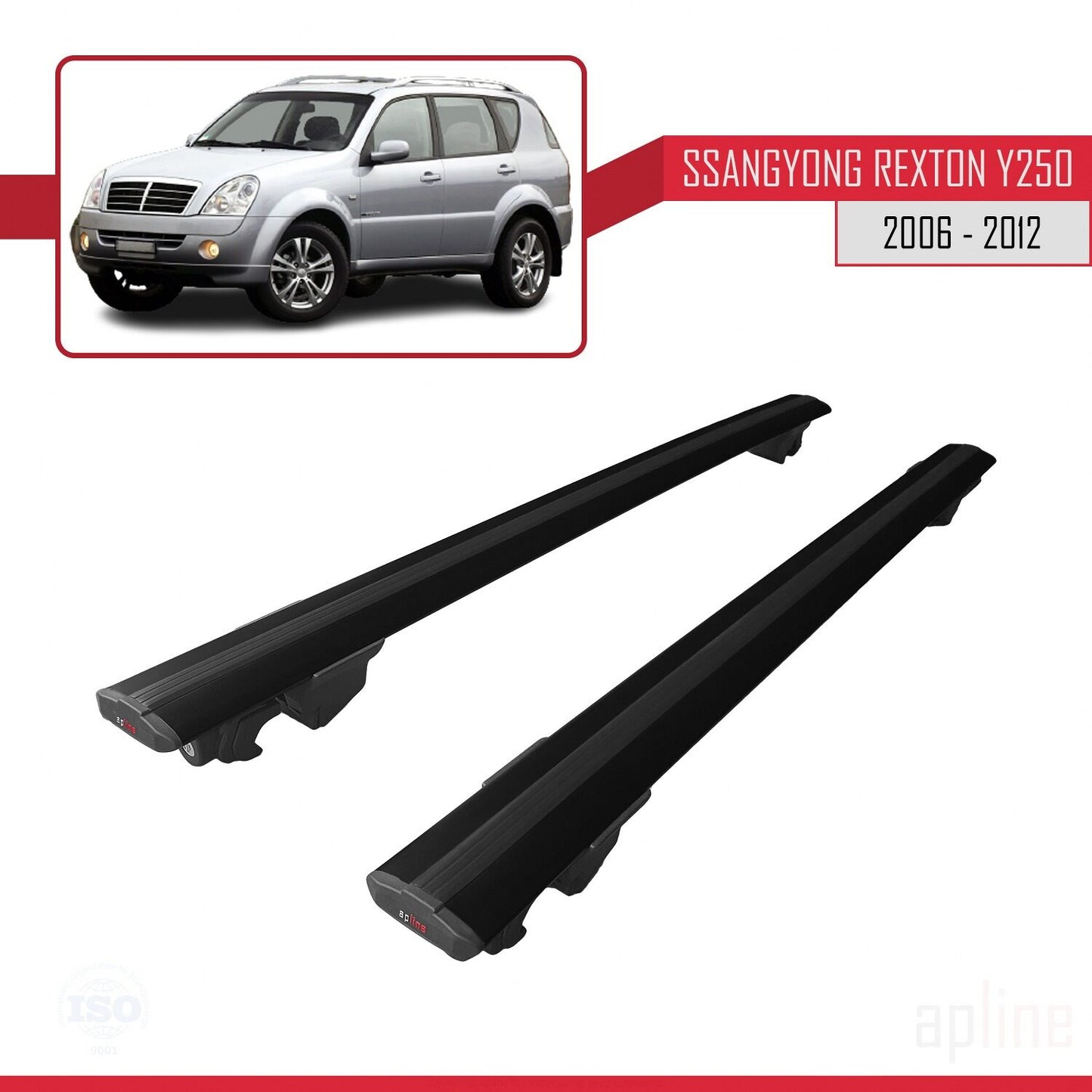 Compatible with Ssangyong Rexton (Y250) 2006-2012 HOOK Model Car Roof Rack Cross Bar Black Aluminium 2 Bars