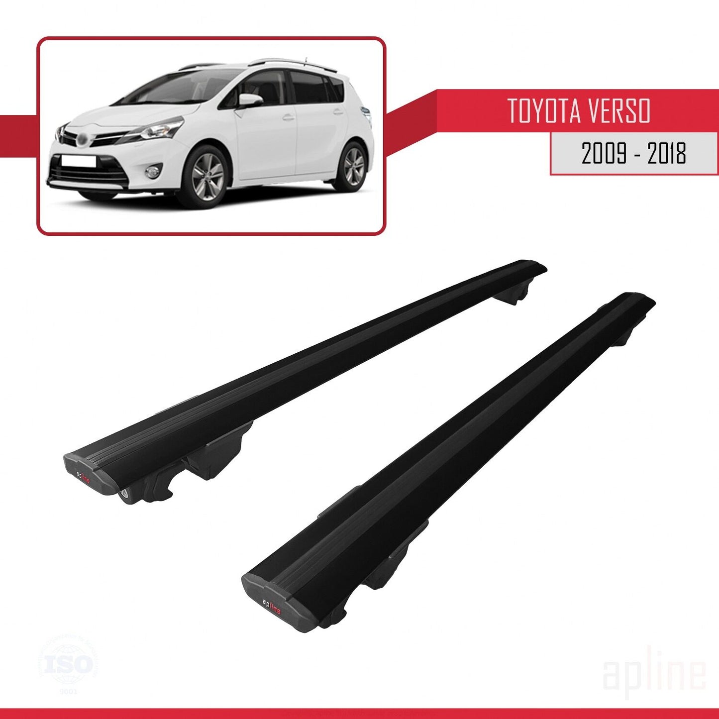 Compatible with Toyota Verso (AR20) 2009-2018 HOOK Model Car Roof Rack Cross Bar Black Aluminium 2 Bars
