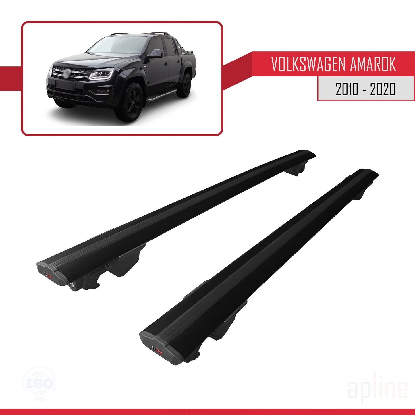 Compatible with Volkswagen Amarok (2F) 2010-2020 HOOK Model Car Roof Rack Cross Bar Black Aluminium 2 Bars