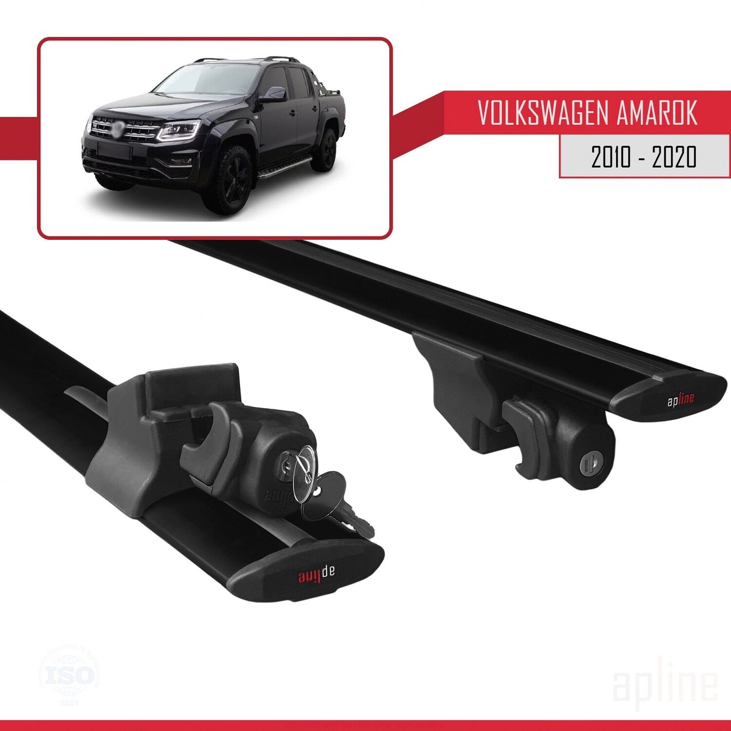 Compatible with Volkswagen Amarok (2F) 2010-2020 HOOK Model Car Roof Rack Cross Bar Black Aluminium 2 Bars