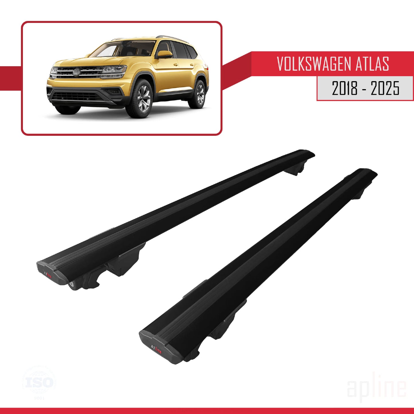 Compatible with Volkswagen Atlas (CA1) 2018-2025 HOOK Model Car Roof Rack Cross Bar Black Aluminium 2 Bars
