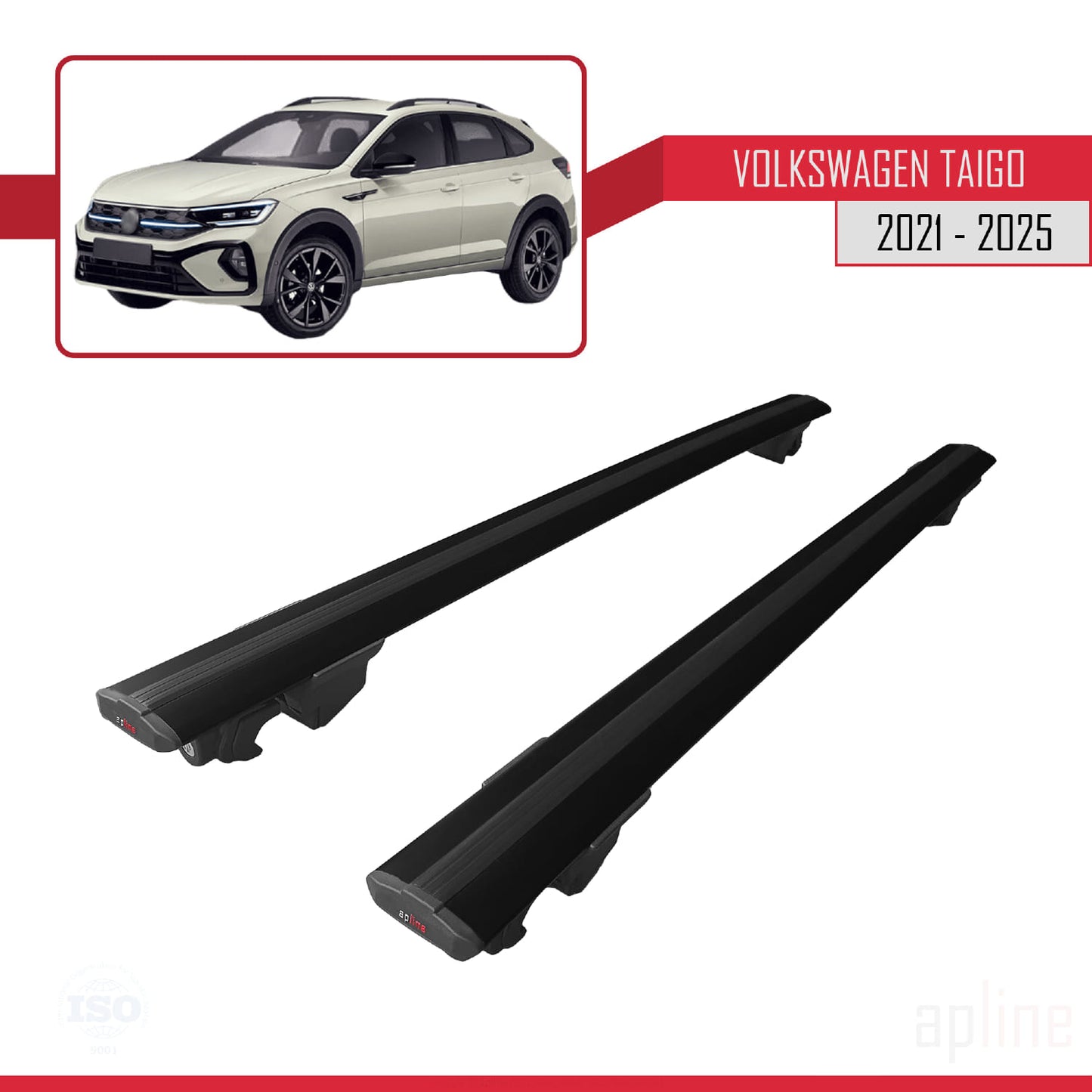 Compatible with Volkswagen Taigo (CS1) 2021-2025 HOOK Model Car Roof Rack Cross Bar Black Aluminium 2 Bars