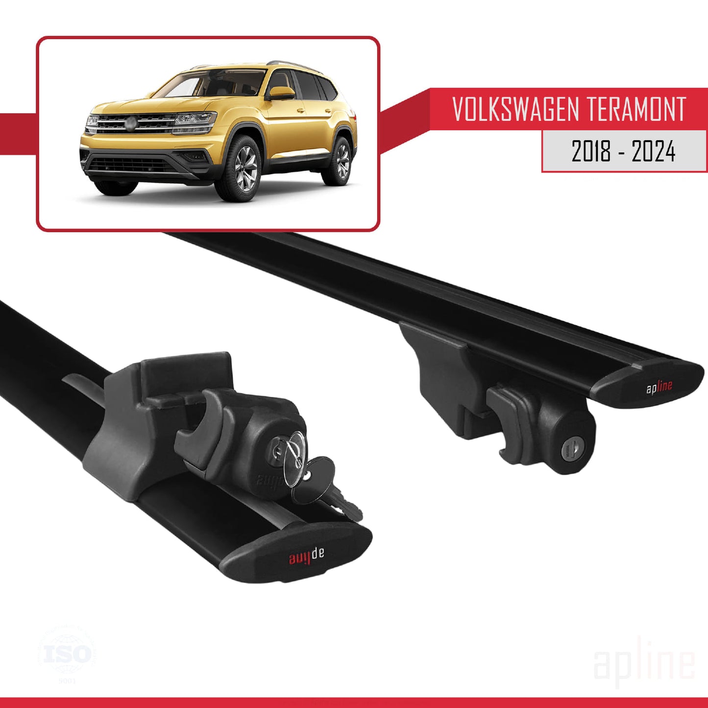 Compatible with Volkswagen Teramont (CA1) 2018-2024 HOOK Model Car Roof Rack Cross Bar Black Aluminium 2 Bars