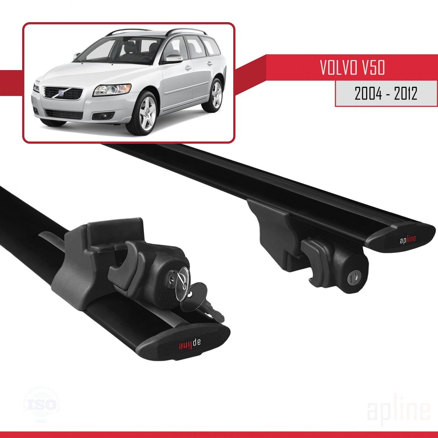 Compatible with Volvo V50 2004-2012 HOOK Model Car Roof Rack Cross Bar Black Aluminium 2 Bars