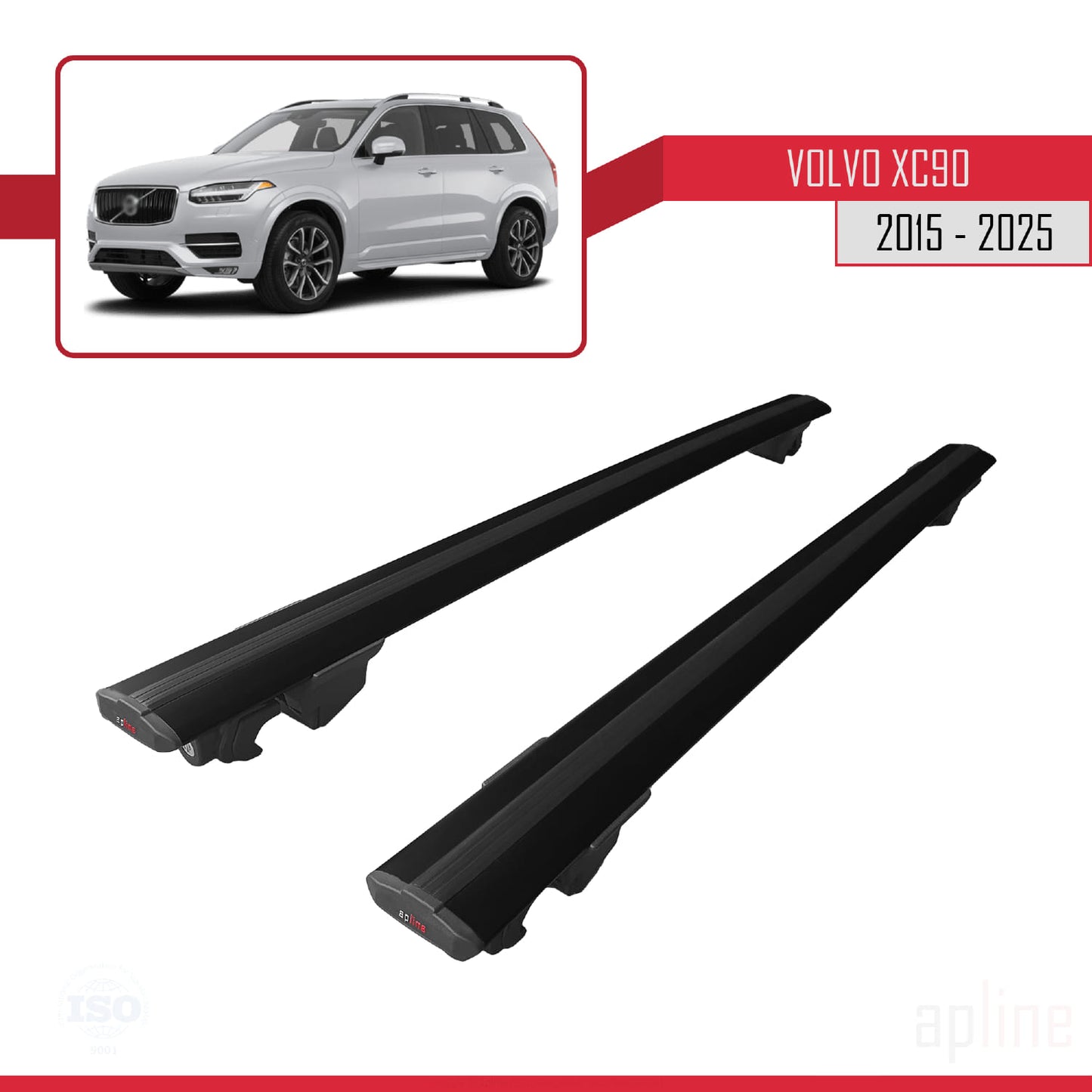 Compatible with Volvo XC90 II 2015-2025 HOOK Model Car Roof Rack Cross Bar Black Aluminium 2 Bars
