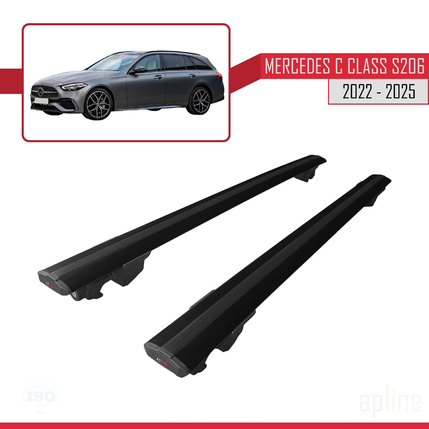 Compatible with Mercedes C Class 5 (S206) 2022-2025 HOOK Model Car Roof Rack Cross Bar Black Aluminium 2 Bars