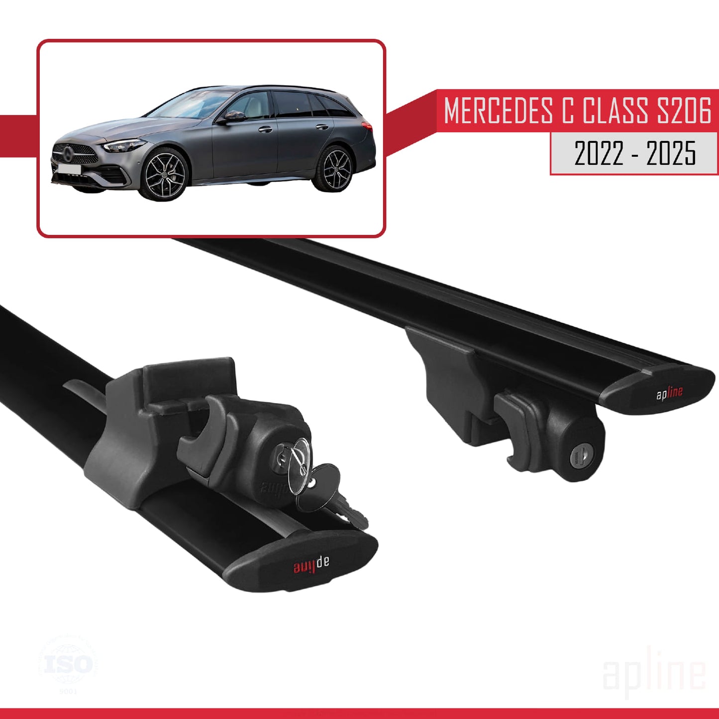 Compatible with Mercedes C Class 5 (S206) 2022-2025 HOOK Model Car Roof Rack Cross Bar Black Aluminium 2 Bars