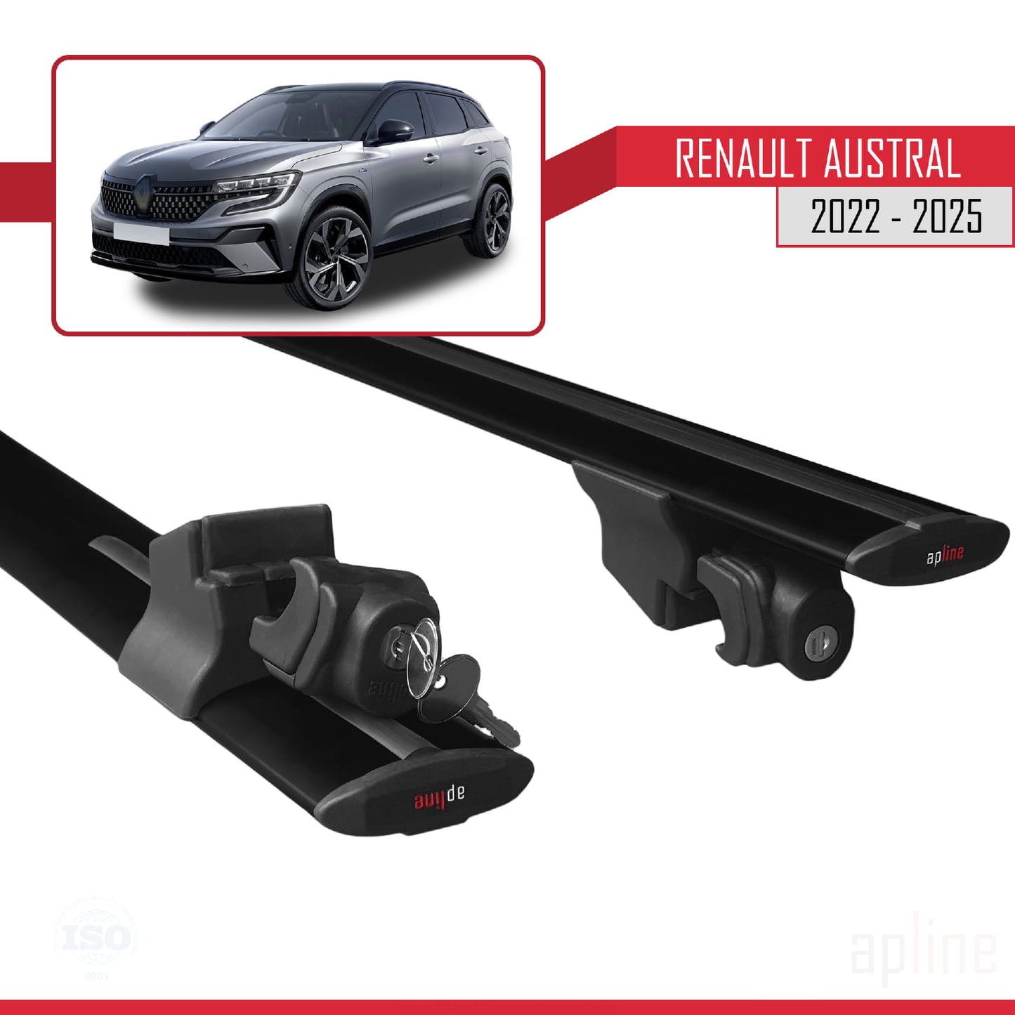 Compatible with Renault Austral (RHN) 2022-2025 HOOK Model Car Roof Rack Cross Bar Black Aluminium 2 Bars