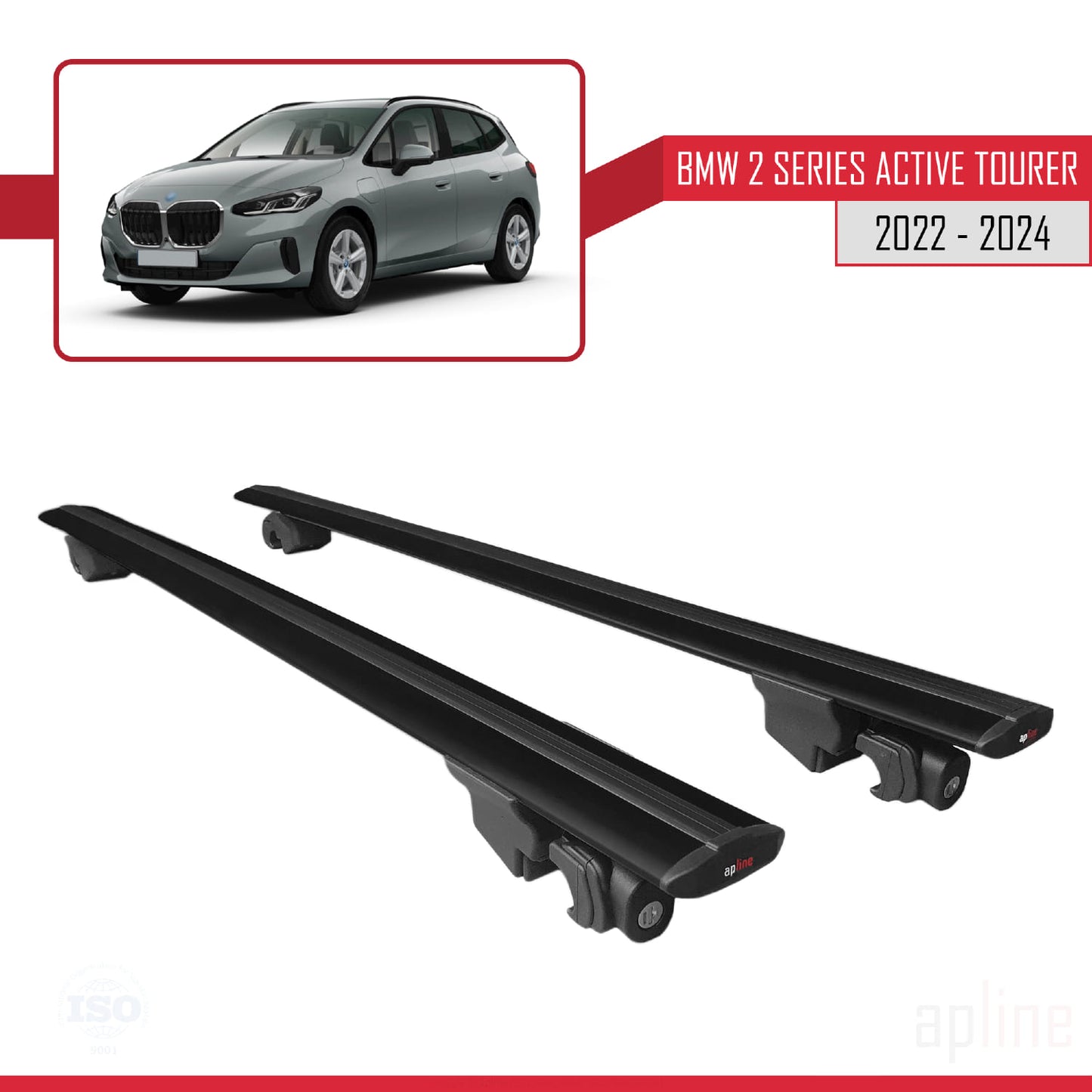 Compatible with BMW 2 Series Active Tourer 2022-2024 HOOK Model Car Roof Rack Cross Bar Black Aluminium 2 Bars