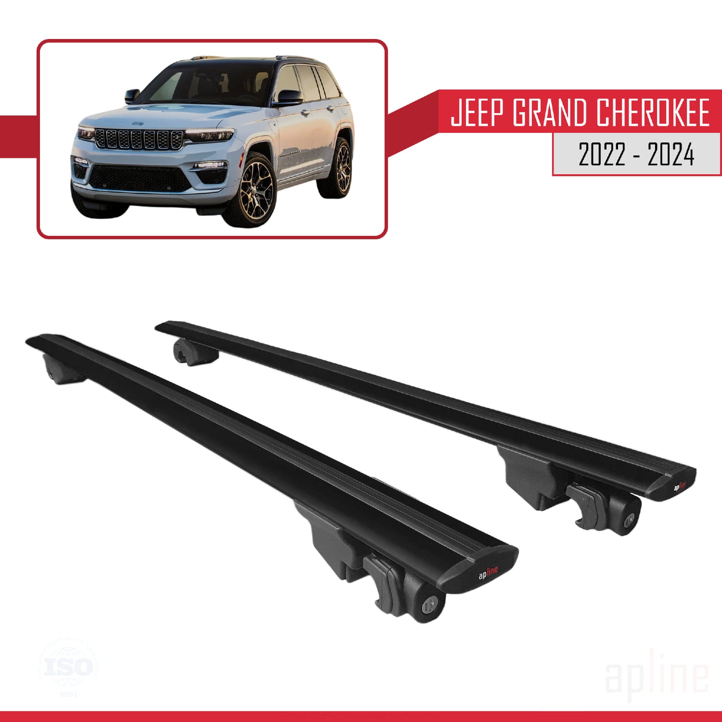 Compatible with Jeep Grand Cherokee 2022-2024 HOOK Model Car Roof Rack Cross Bar Black Aluminium 2 Bars