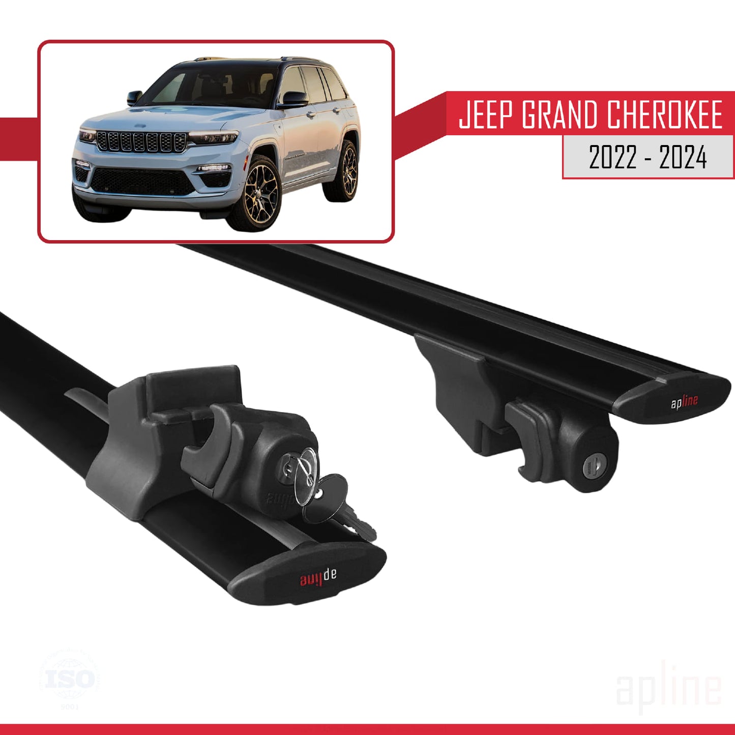 Compatible with Jeep Grand Cherokee 2022-2024 HOOK Model Car Roof Rack Cross Bar Black Aluminium 2 Bars