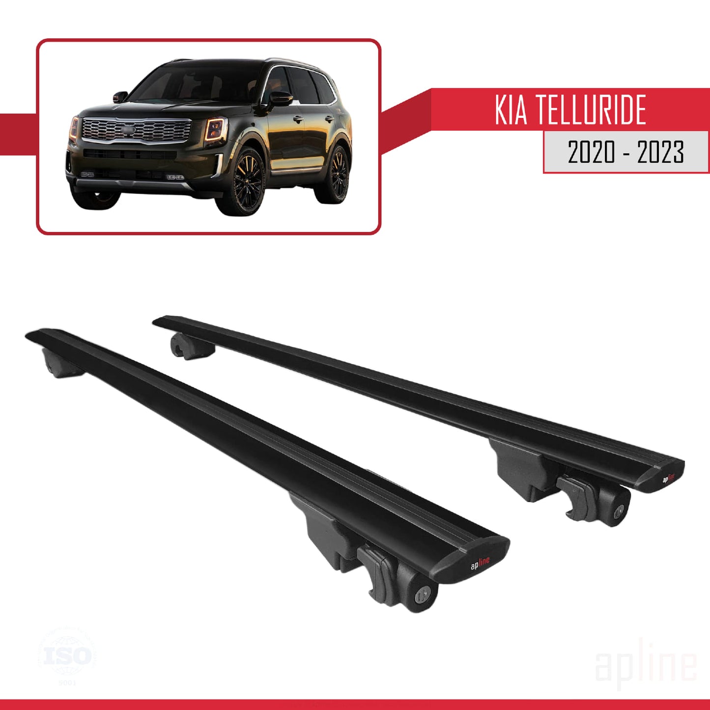 Compatible with Kia Telluride 2020-2024 HOOK Model Car Roof Rack Cross Bar Black Aluminium 2 Bars