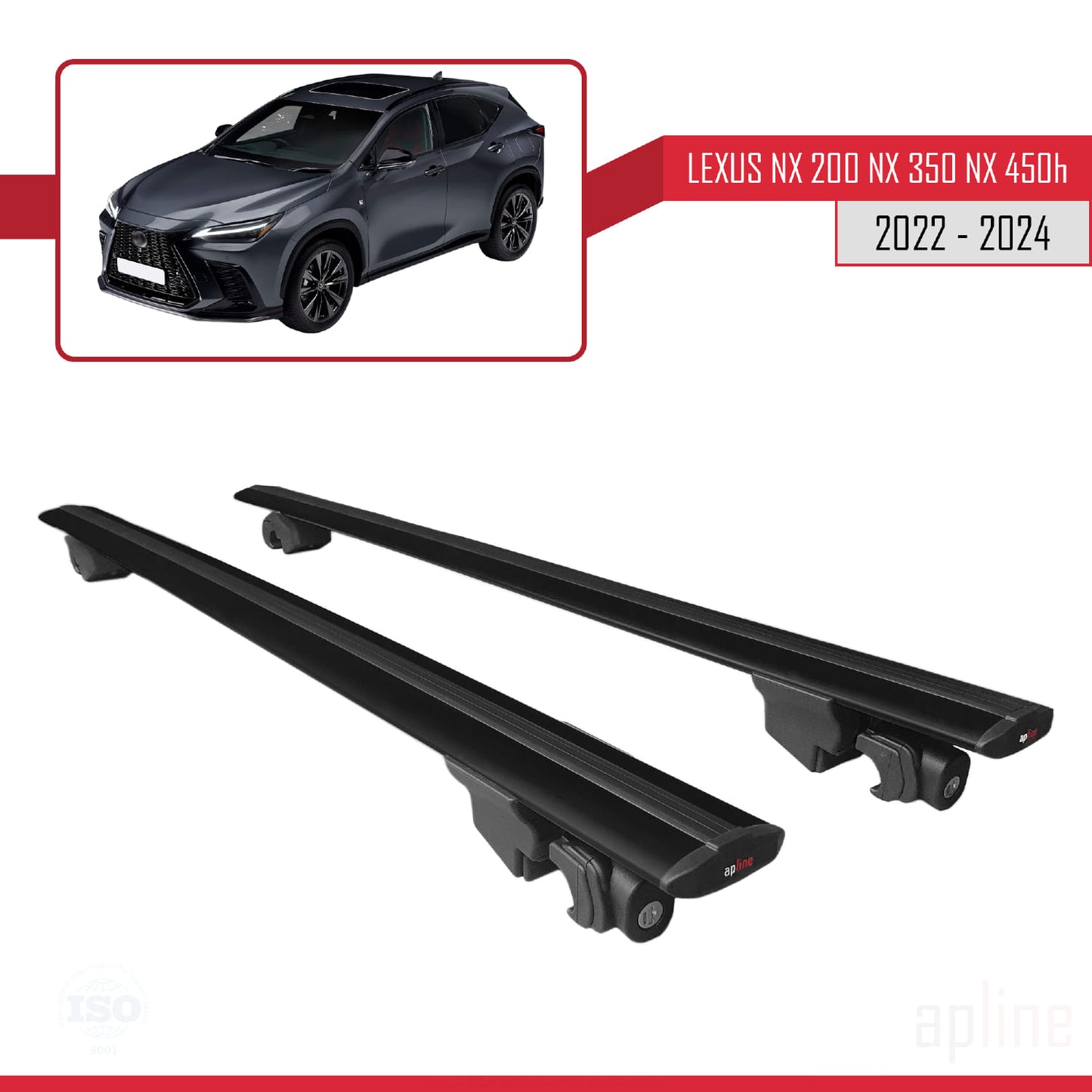 Compatible with Lexus NX 200 NX 350 NX 450h 2022-2024 HOOK Model Car Roof Rack Cross Bar Black Aluminium 2 Bars
