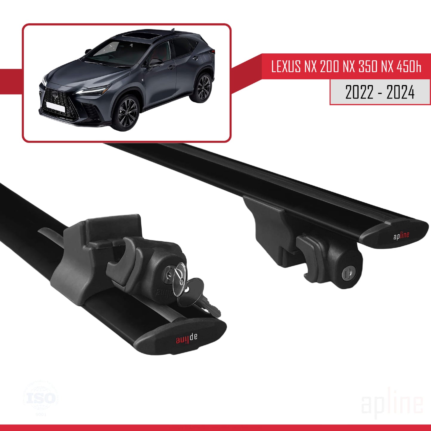 Compatible with Lexus NX 200 NX 350 NX 450h 2022-2024 HOOK Model Car Roof Rack Cross Bar Black Aluminium 2 Bars