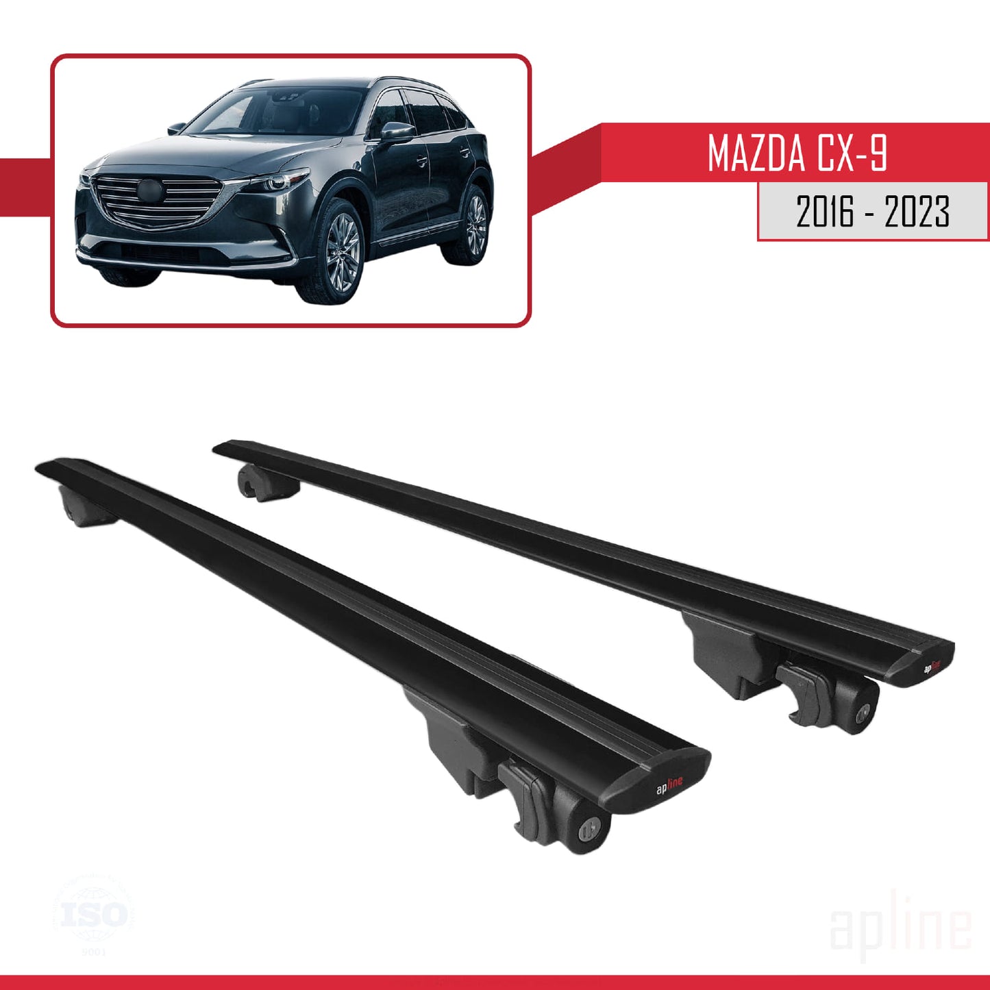Compatible with Mazda CX-9 2016-2023 HOOK Model Car Roof Rack Cross Bar Black Aluminium 2 Bars