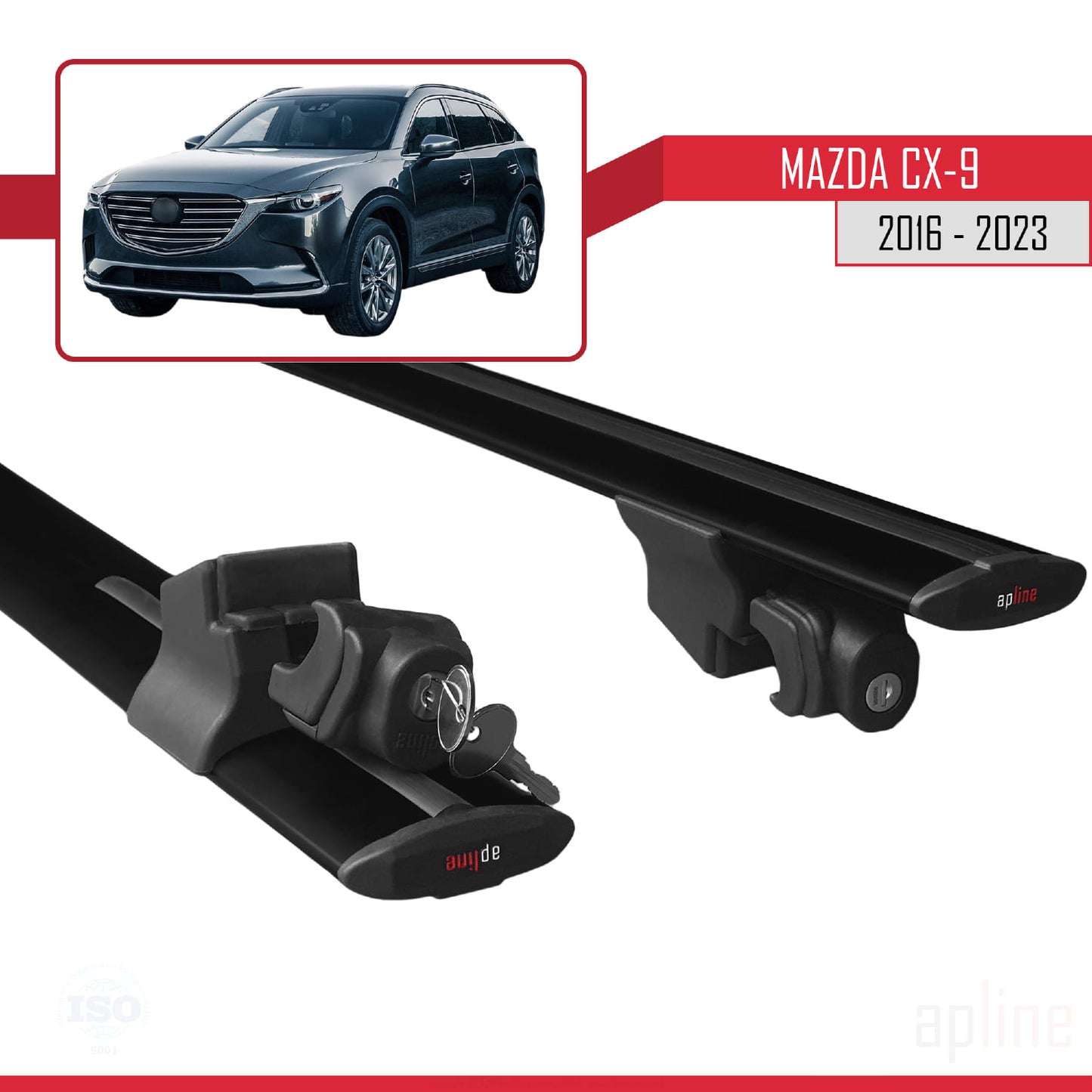 Compatible with Mazda CX-9 2016-2023 HOOK Model Car Roof Rack Cross Bar Black Aluminium 2 Bars