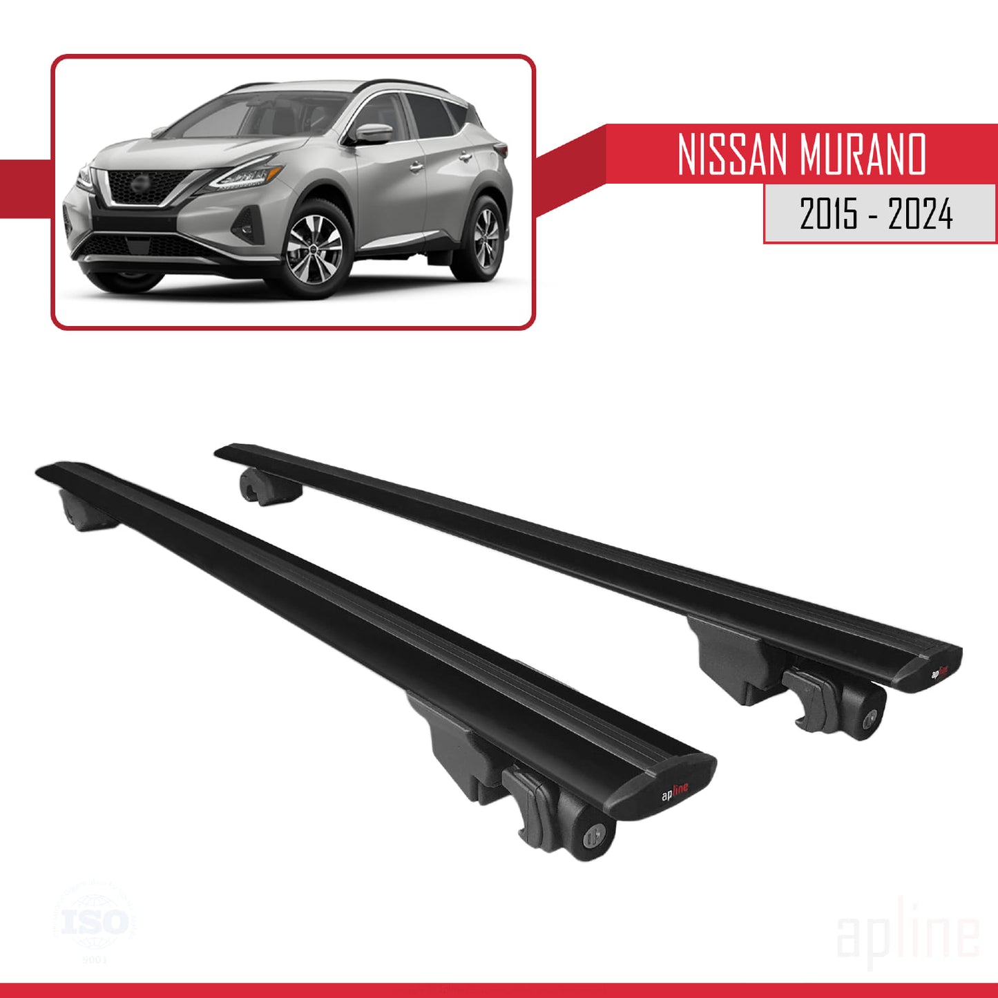 Compatible with Nissan Murano 2015-2024 HOOK Model Car Roof Rack Cross Bar Black Aluminium 2 Bars