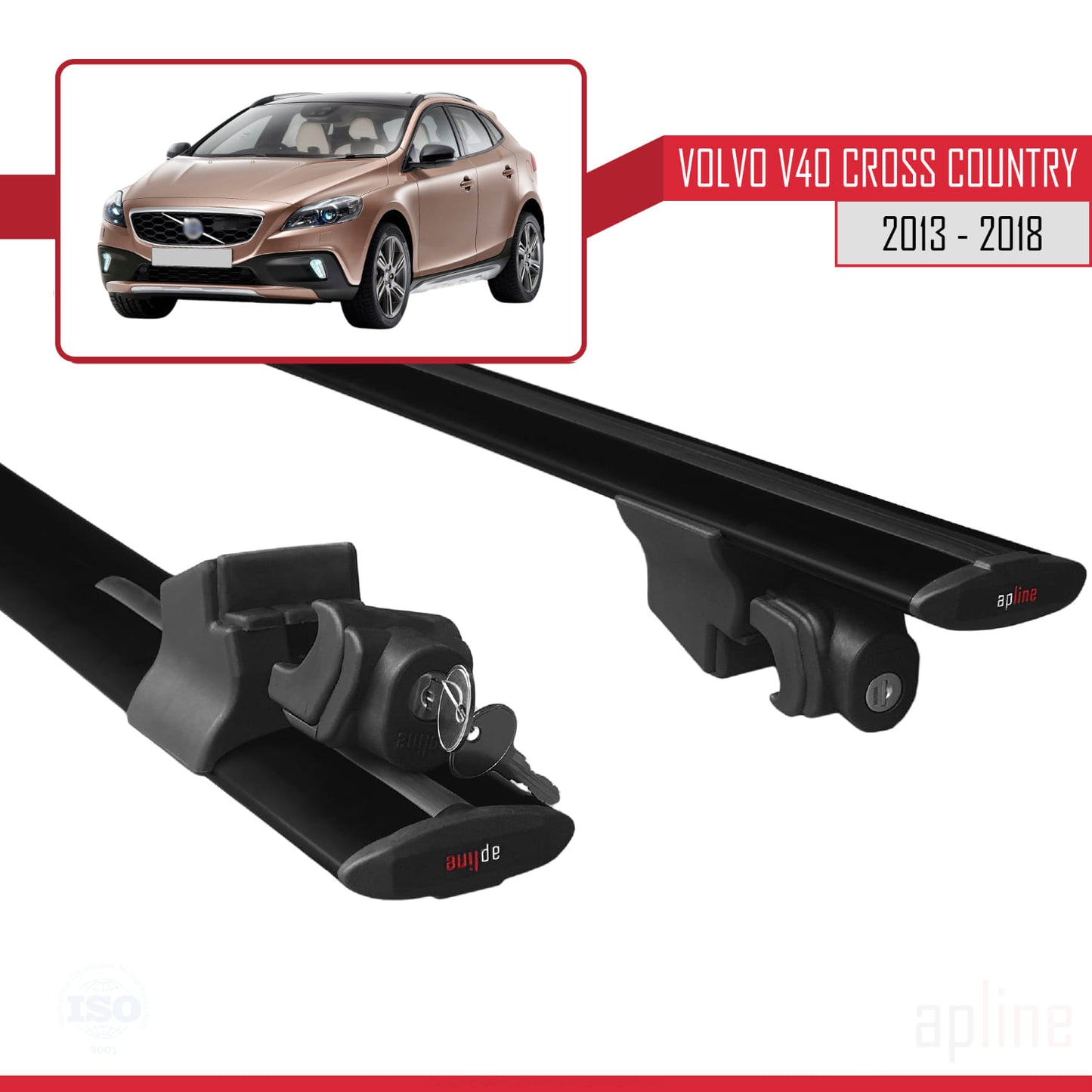 Compatible with Volvo V40 Cross Country 2013-2018 HOOK Model Car Roof Rack Cross Bar Black Aluminium 2 Bars