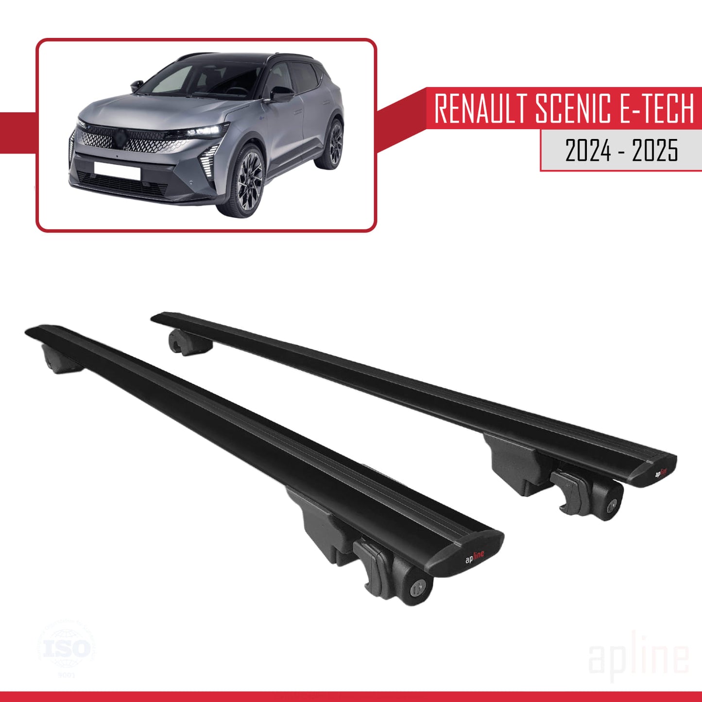Compatible with Renault Scenic E-Tech 2024-2025 HOOK Model Car Roof Rack Cross Bar Black Aluminium 2 Bars