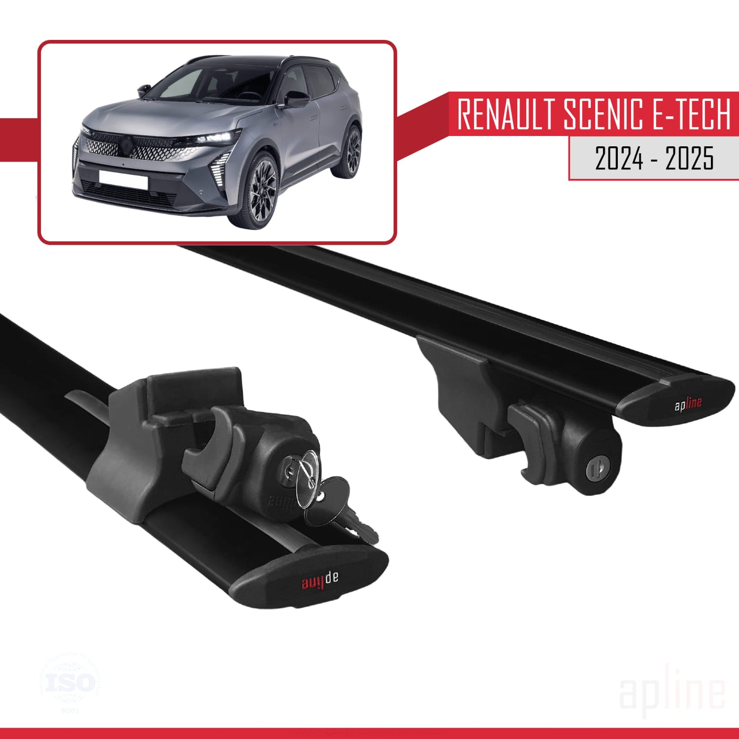 Compatible with Renault Scenic E-Tech 2024-2025 HOOK Model Car Roof Rack Cross Bar Black Aluminium 2 Bars