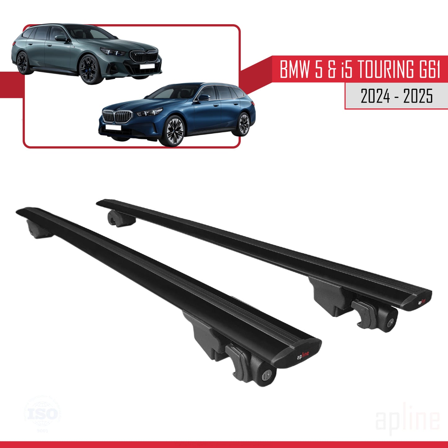 Compatible with BMW 5 Series / i5 G61 Touring 2024-2025 HOOK Model Car Roof Rack Cross Bar Black Aluminium 2 Bars