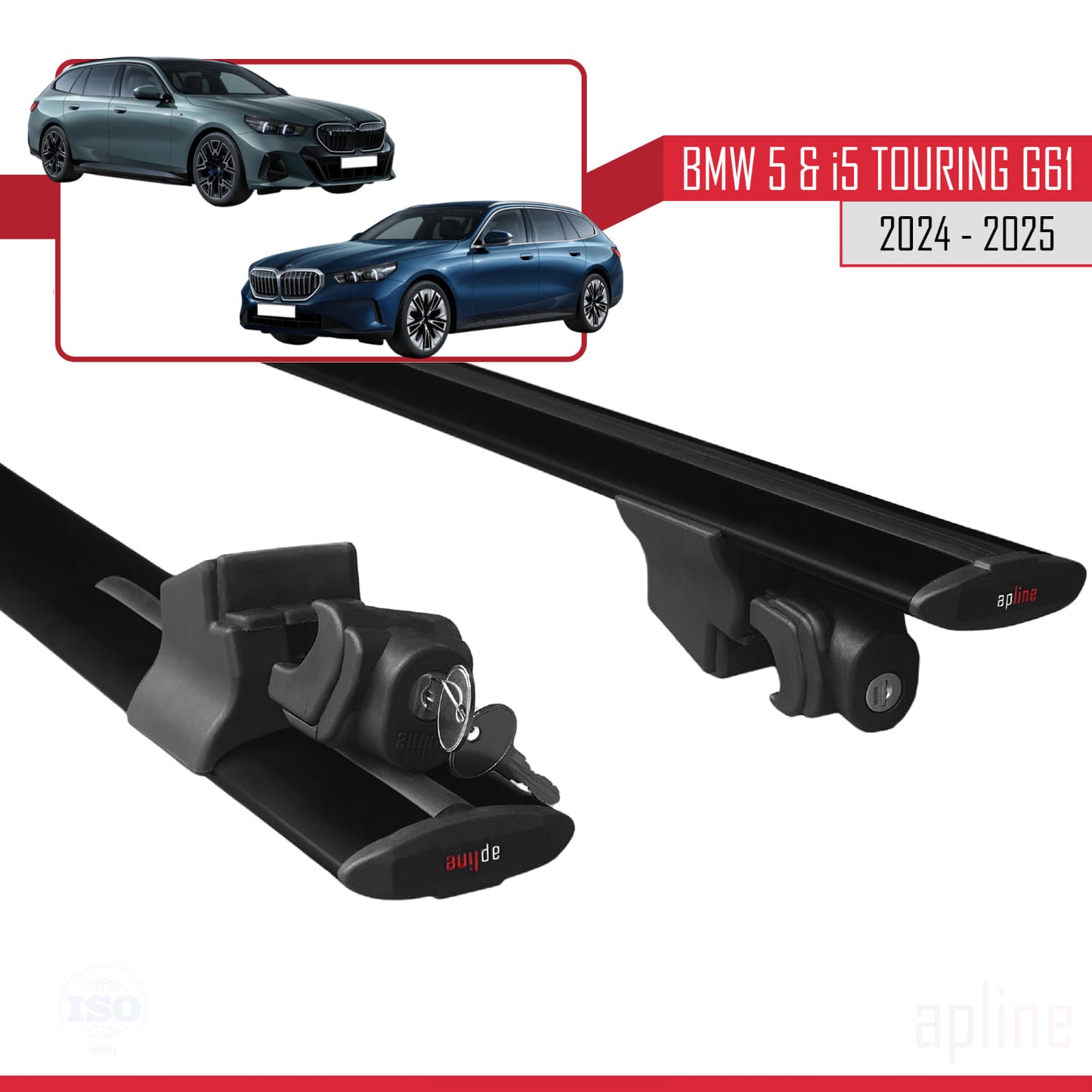 Compatible with BMW 5 Series / i5 G61 Touring 2024-2025 HOOK Model Car Roof Rack Cross Bar Black Aluminium 2 Bars