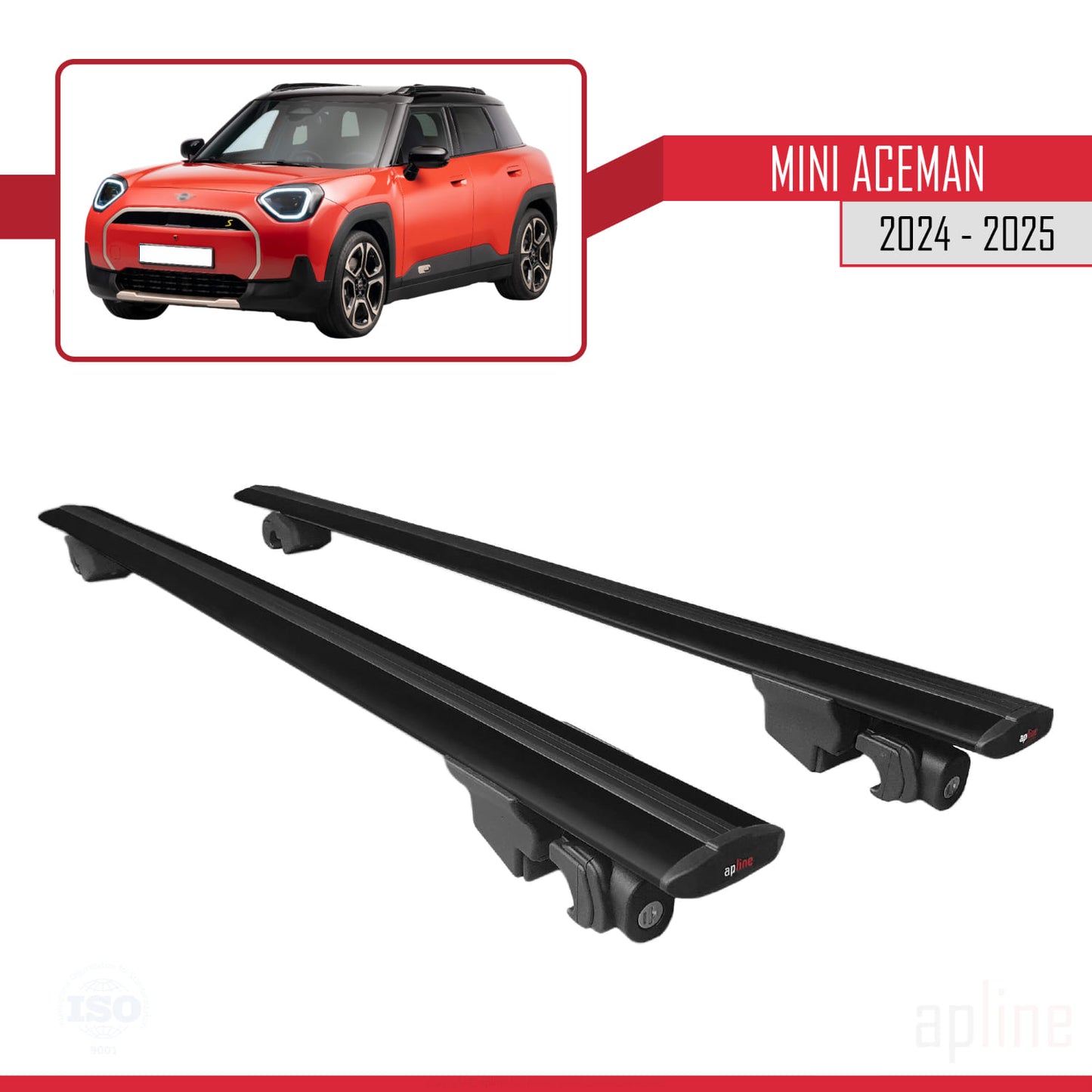 Compatible with Mini Aceman SE 2024-2025 HOOK Model Car Roof Rack Cross Bar Black Aluminium 2 Bars
