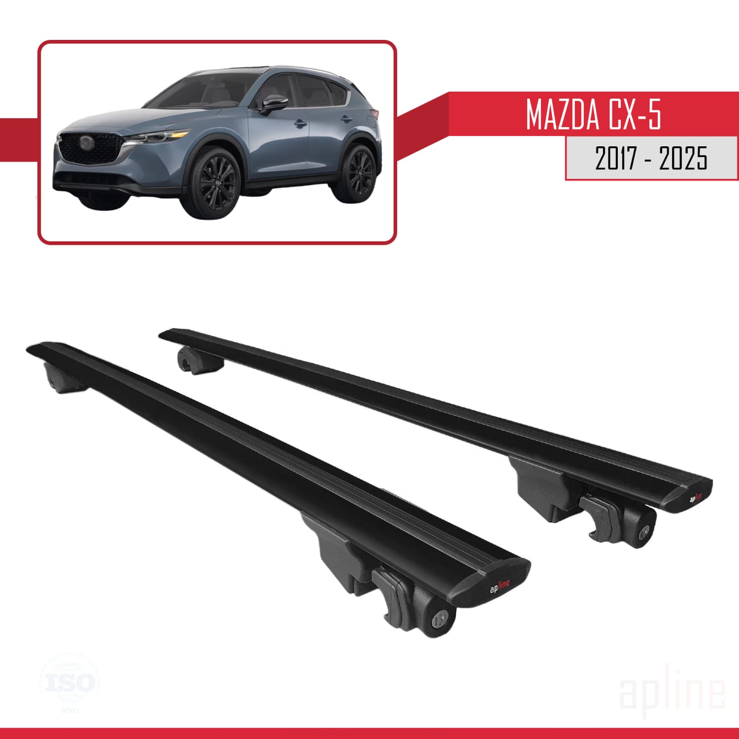 Compatible with Mazda CX-5 2017-2025 HOOK Model Car Roof Rack Cross Bar Black Aluminium 2 Bars