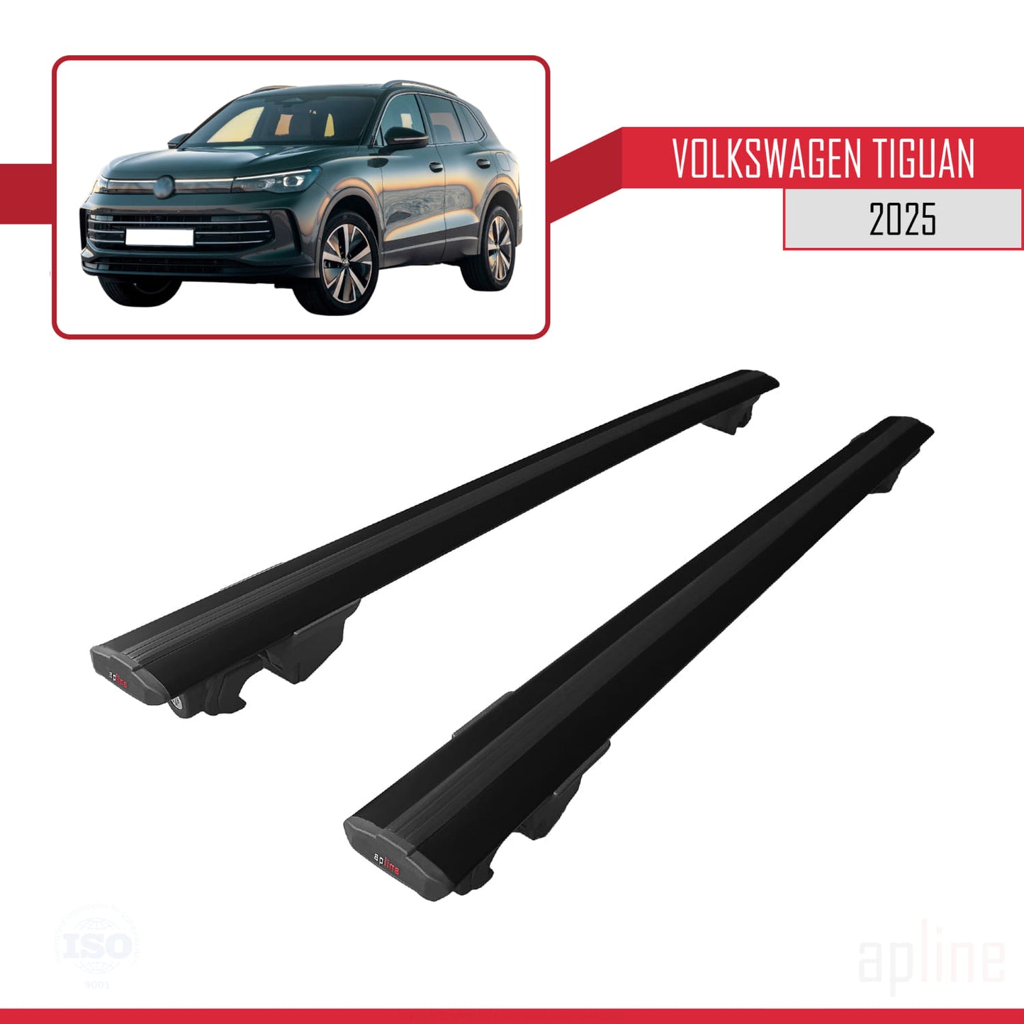 Compatible with Volkswagen Tiguan 2025 HOOK Model Car Roof Rack Cross Bar Black Aluminium 2 Bars