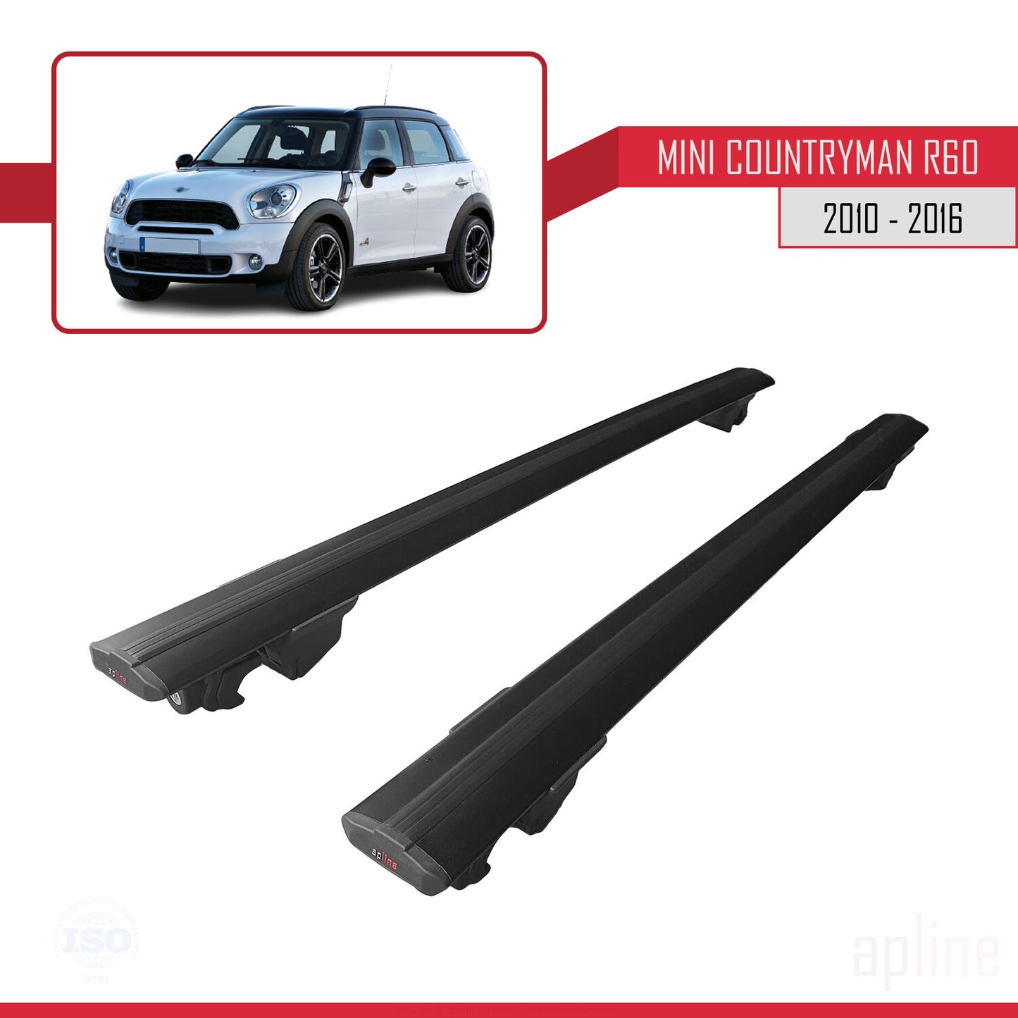 Compatible with Mini Countryman (R60) 2010-2016 HOOK Model Car Roof Rack Cross Bar Black Aluminium 2 Bars