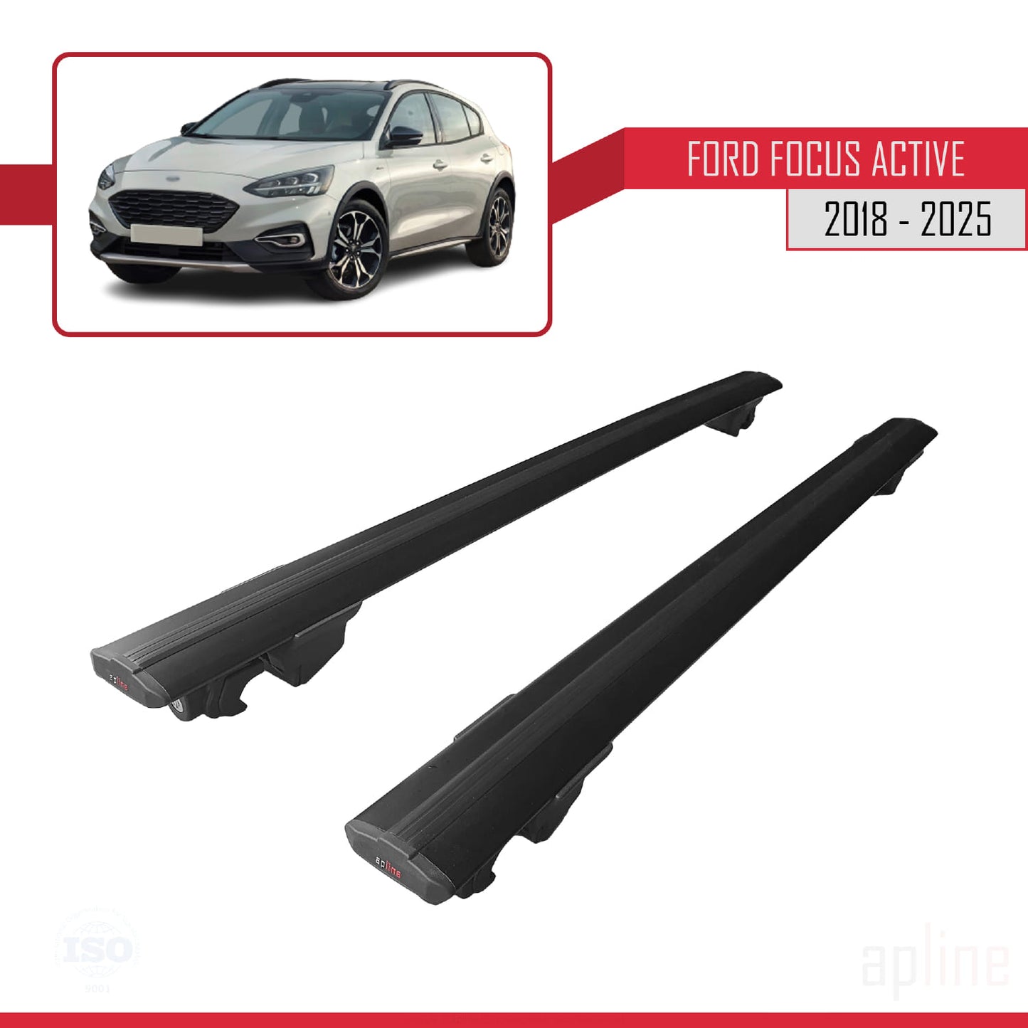 Compatible with Ford Focus 4 (C519) Active 2018-2025 HOOK Model Car Roof Rack Cross Bar Black Aluminium 2 Bars