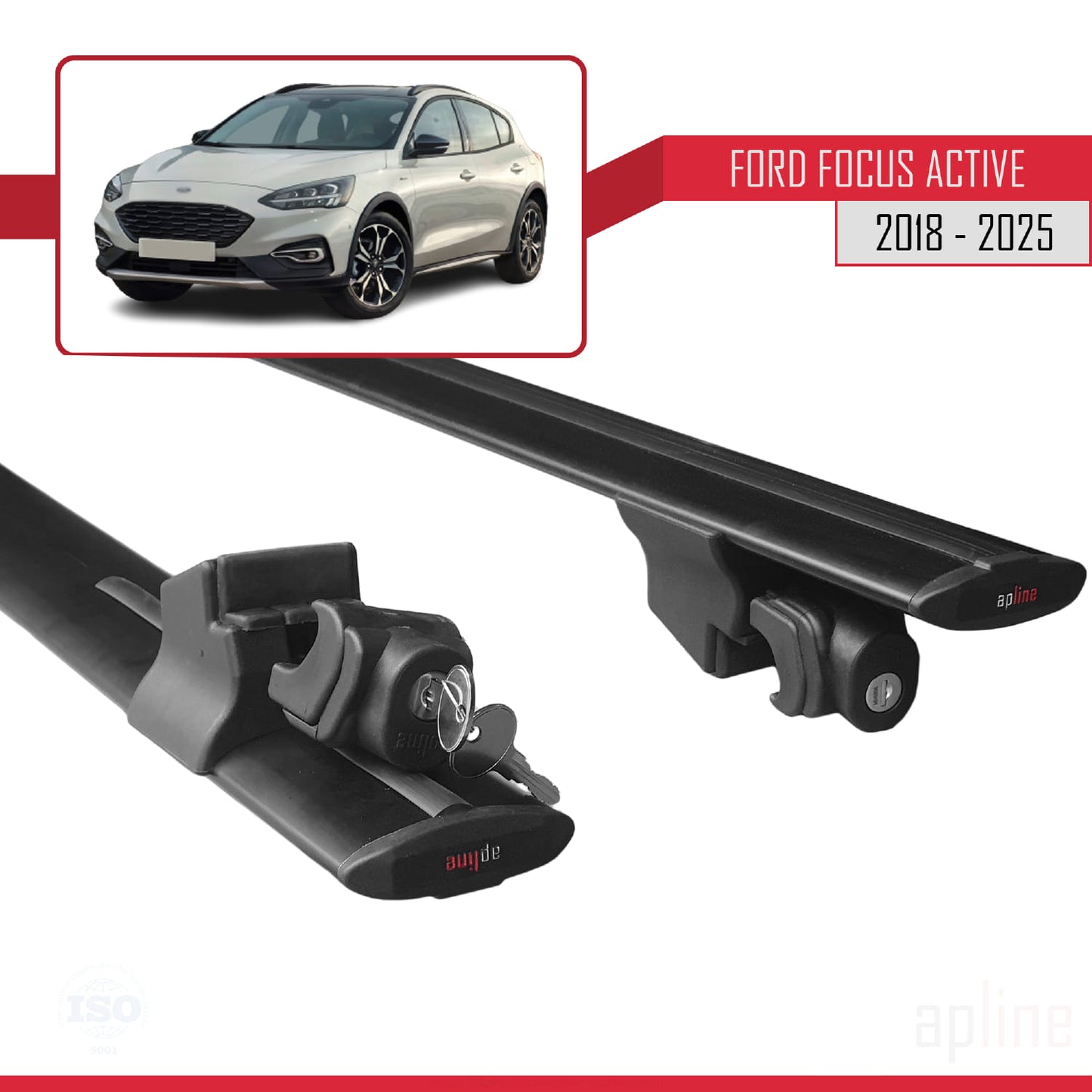 Compatible with Ford Focus 4 (C519) Active 2018-2025 HOOK Model Car Roof Rack Cross Bar Black Aluminium 2 Bars