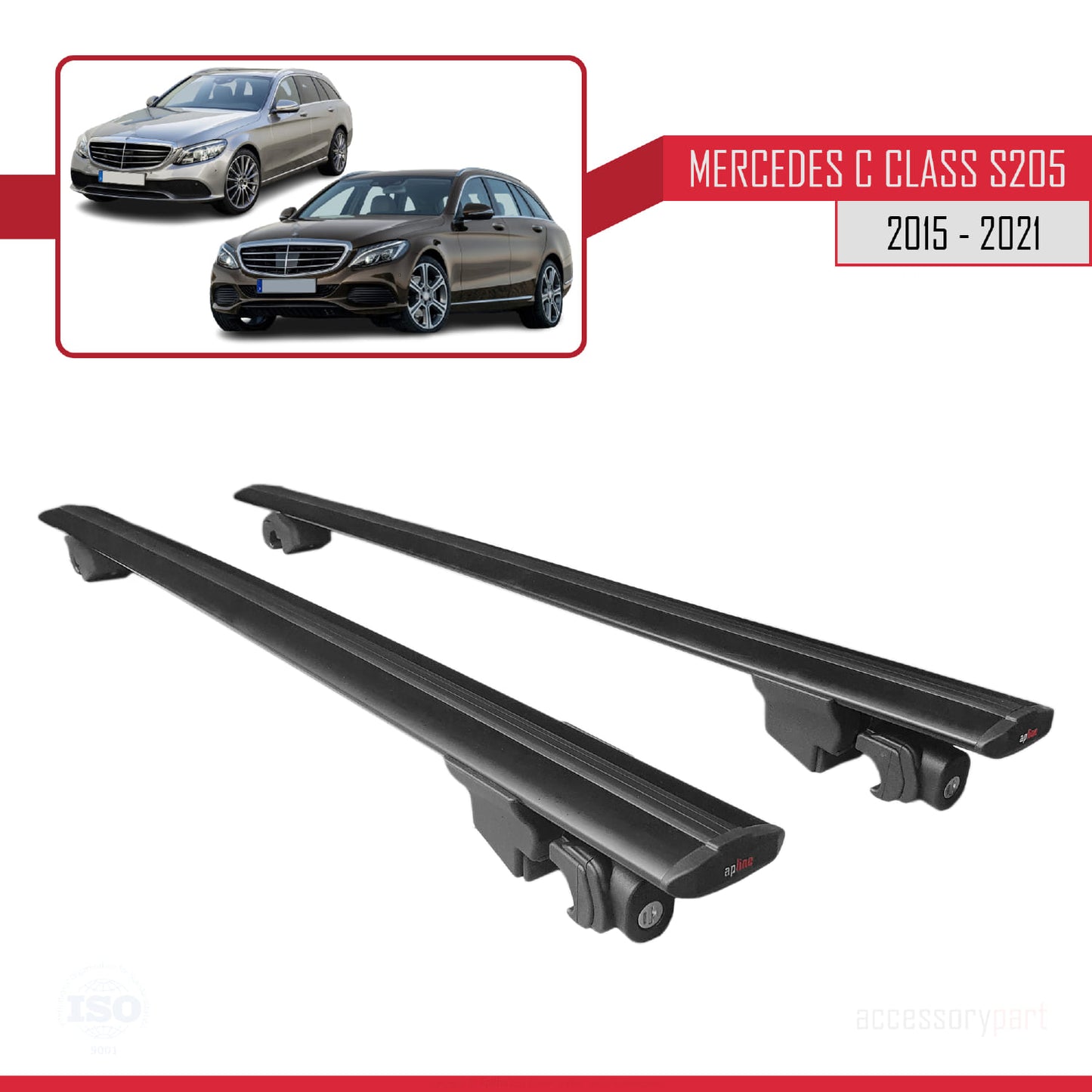 Compatible with Mercedes C Class 4 (S205) 2015-2021 HOOK Model Roof Rack Black 2 Aluminium Bars