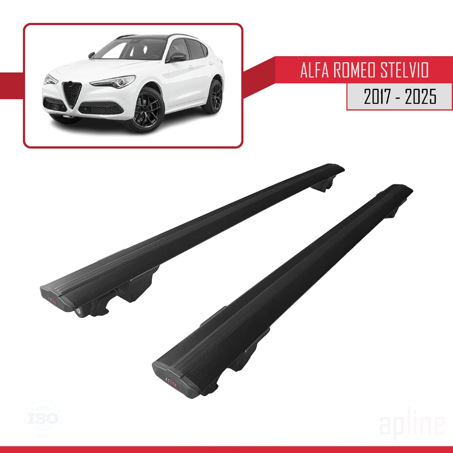 Compatible with Alfa Romeo Stelvio (T949) 2017-2025 HOOK Model Car Roof Rack Cross Bar Black Aluminium 2 Bars